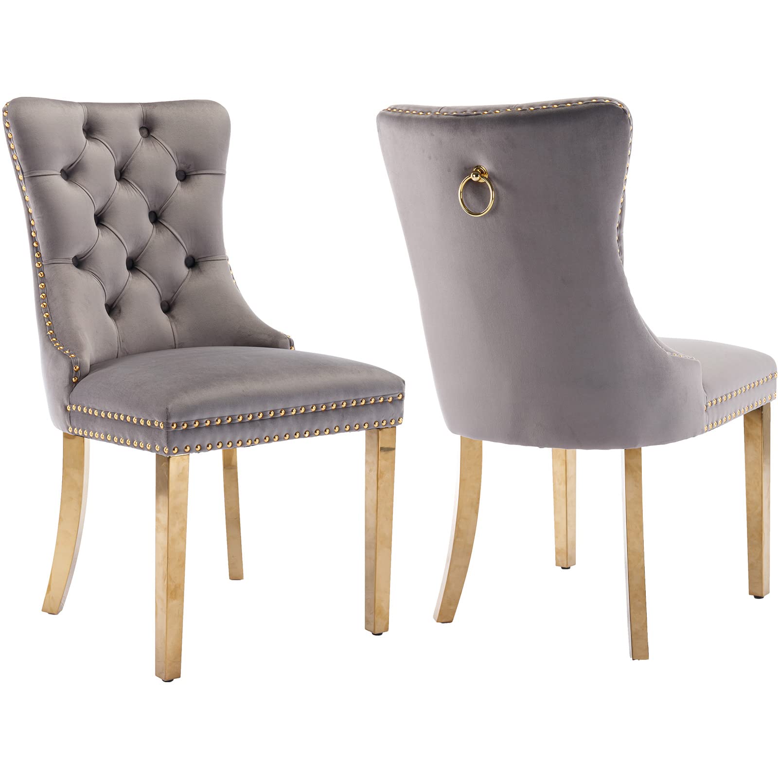 Luxury Velvet Dining Chairs Set of 2 - Tufted Upholstered Kitchen & Dining Room Chairs with Golden Metal Legs (Gray) - Perfect for Modern Home, Restaurant, and Office Decor