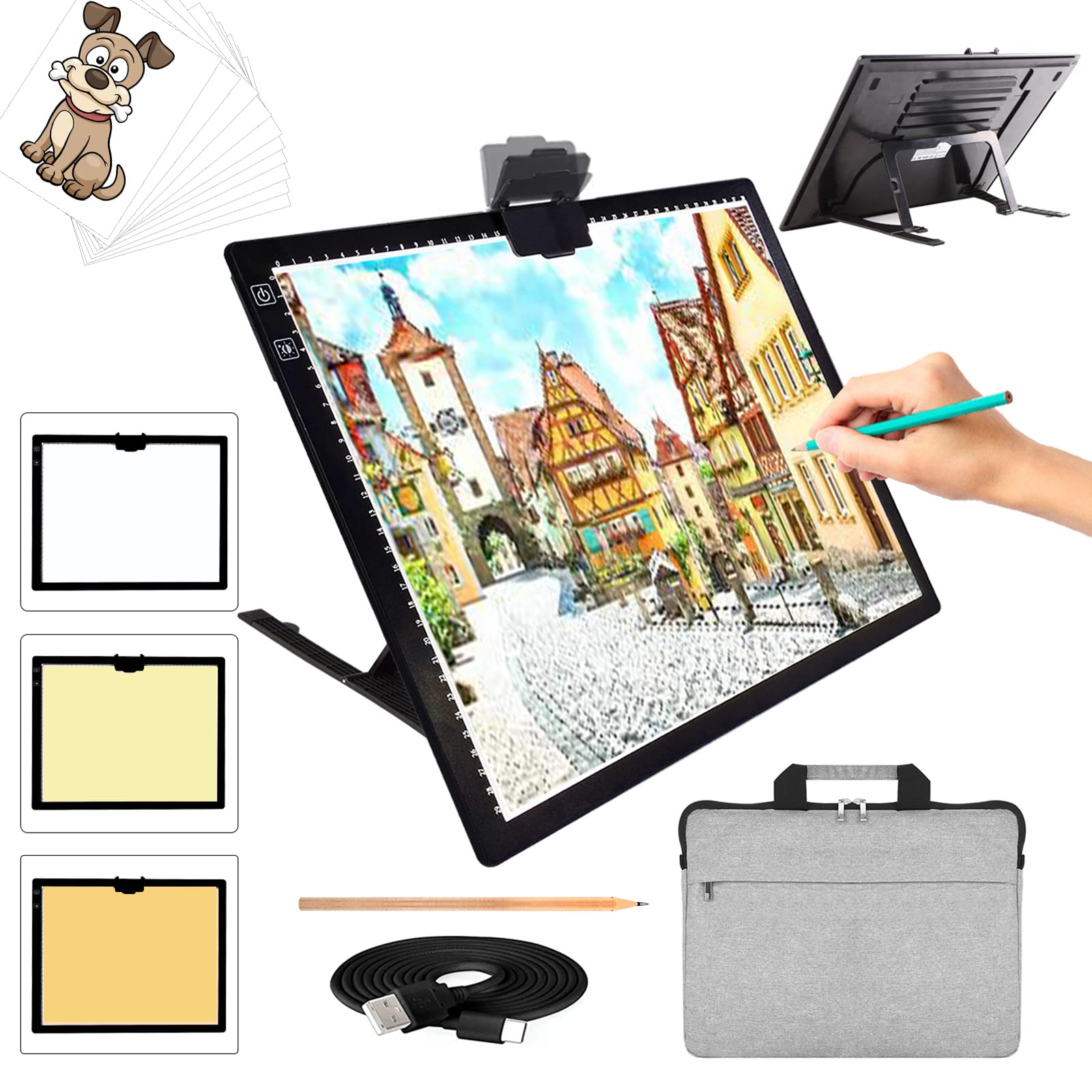 TOHETO A3 LED Light Pad - Wireless Rechargeable Tracing Light Box with Stand, 3 Color Modes & 6 Brightness Levels, Portable with Carry Bag & Magnetic Clip - Perfect for Diamond Painting, Vinyl Weeding, Calligraphy & Craft Projects