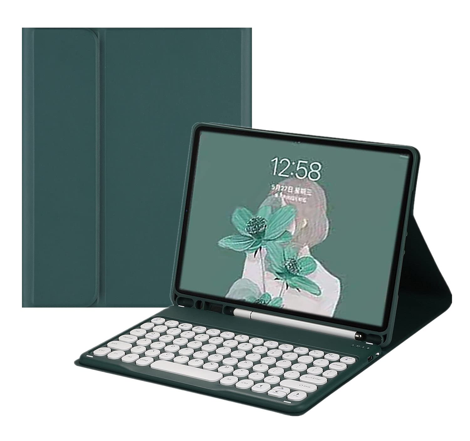 Wireless Bluetooth Keyboard Case for iPad 6/5/Air 2/Pro 9.7-inch - Detachable Cute Round Key Cover with Pencil Holder (Dark Green) | Perfect for Work, Study & Travel Use