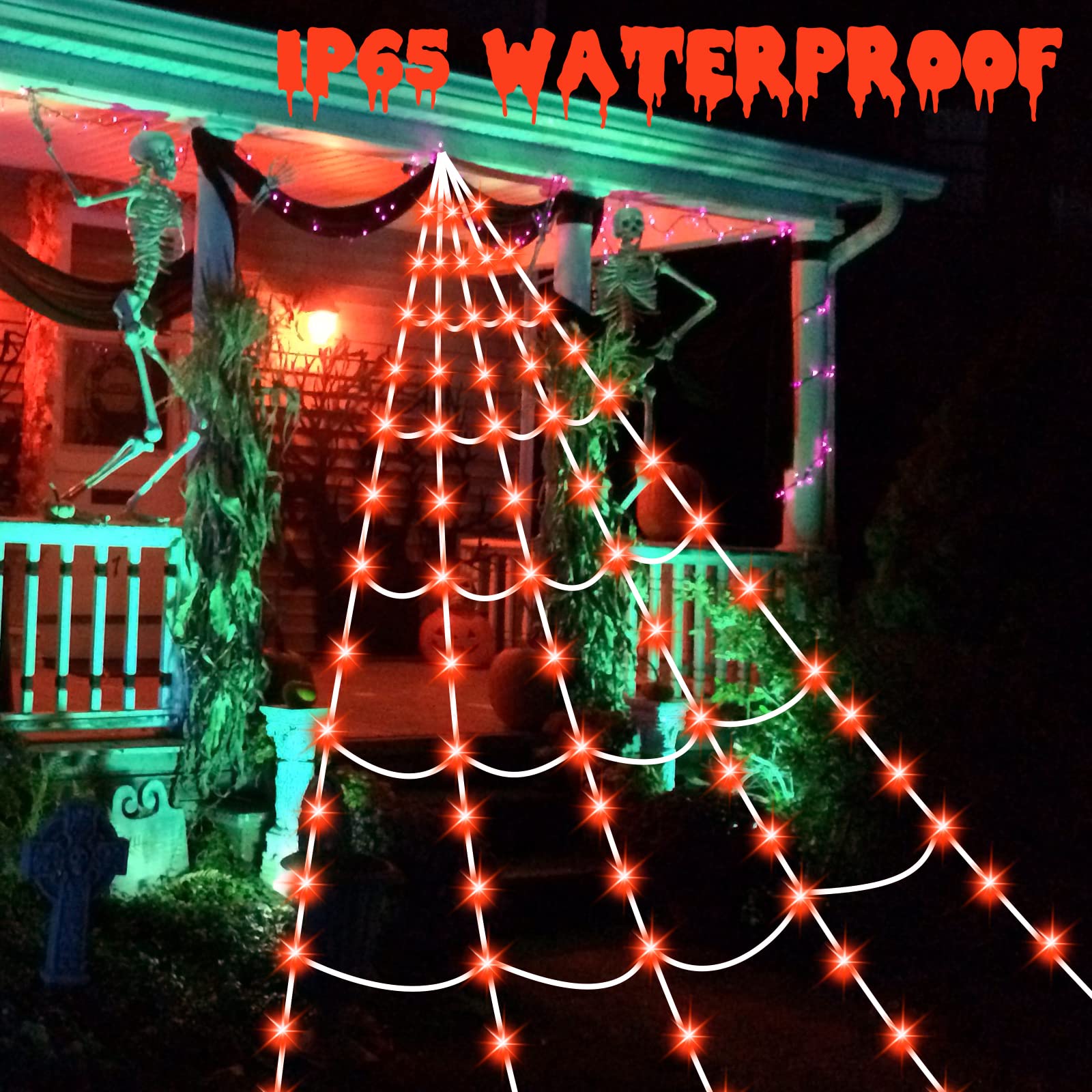 150 LED Halloween Spider Web Lights - 16.4 Ft Giant Lighted Web Decor with 8 Lighting Modes, Waterproof & Timer for Outdoor Indoor Yard, Haunted House, Party Decorations (Orange) - Perfect for Halloween, Fall Festival, and Spooky Themed Events