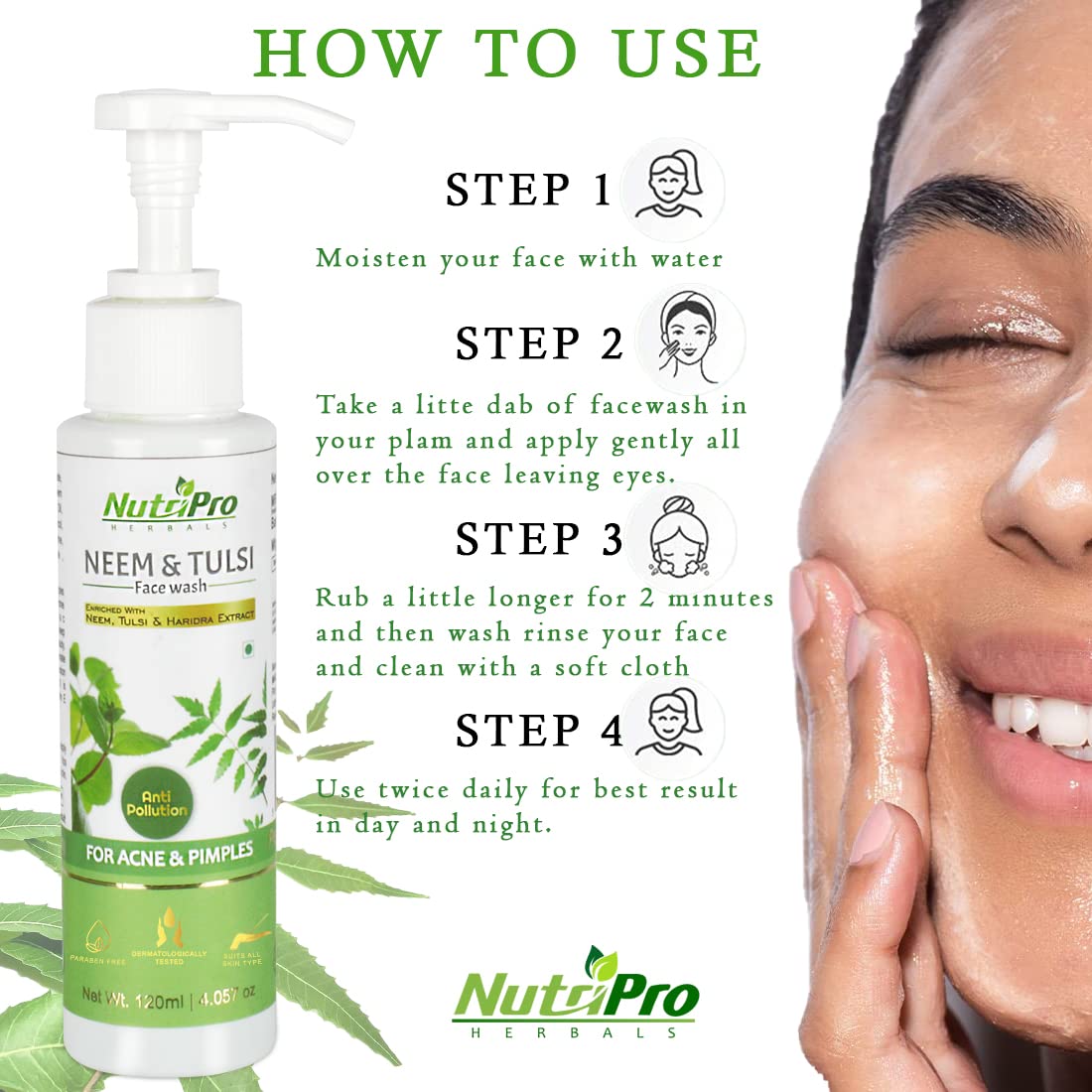 NutriPro Neem & Tulsi Face Wash for Acne & Pimples - Natural Neem, Tulsi & Turmeric Extract - Anti-Pollution, Paraben & Sulfate Free (120ml) - Gentle Cleansing for Oily & Acne-Prone Skin - Daily Skincare Routine