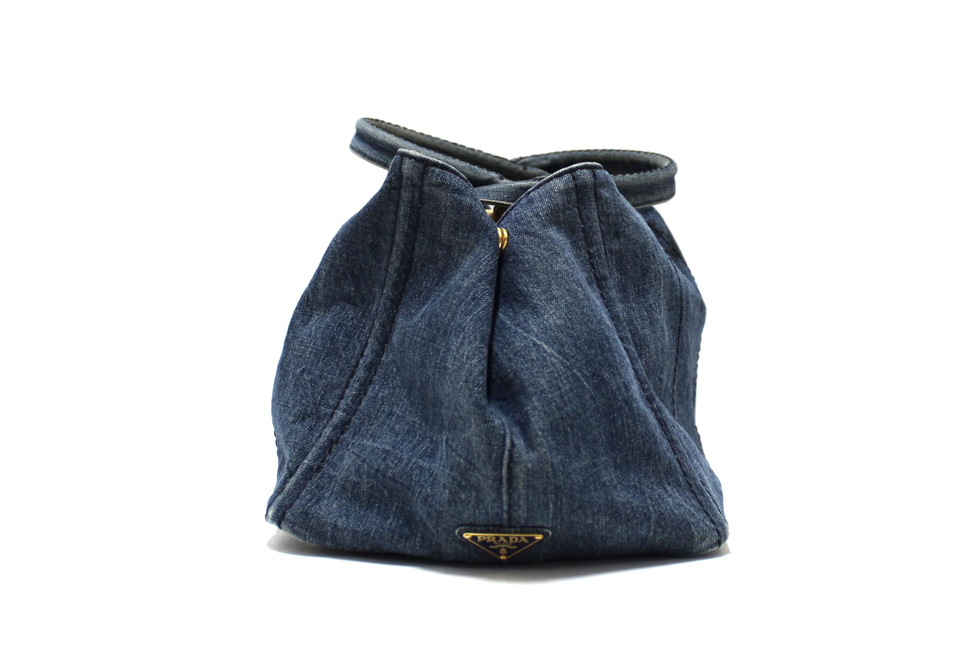 Authentic Prada Blue Large Canapa Denim Tote Handbag for Women - Luxury Designer Shoulder Bag for Work, Travel & Everyday Use