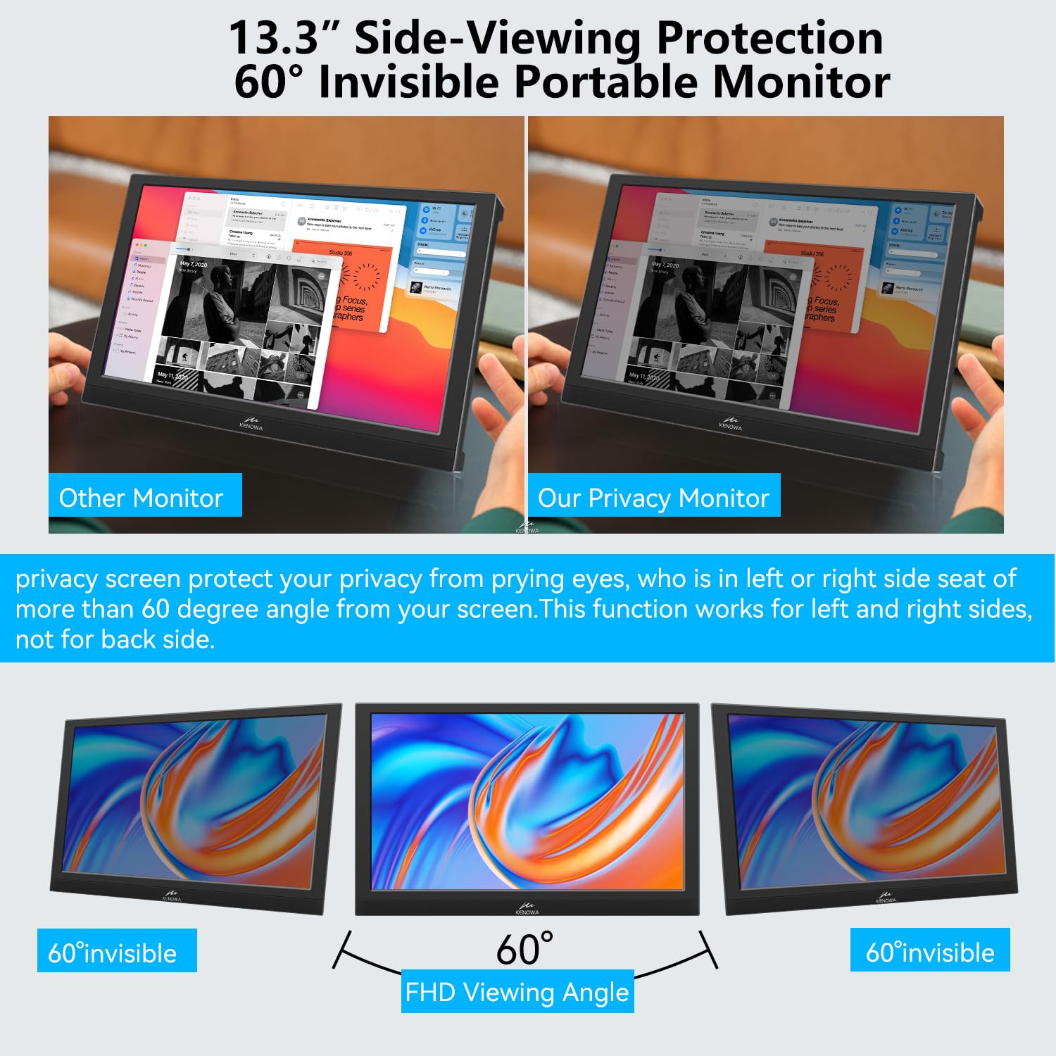 Kenowa 13.3 Inch Portable Touchscreen Monitor - IPS FHD 1080P HDMI External Display with Built-in Privacy Screen, Speakers & Adjustable Stand for Laptop, Computer, Windows OS, Raspberry Pi - Perfect for Remote Work, Gaming & Presentations