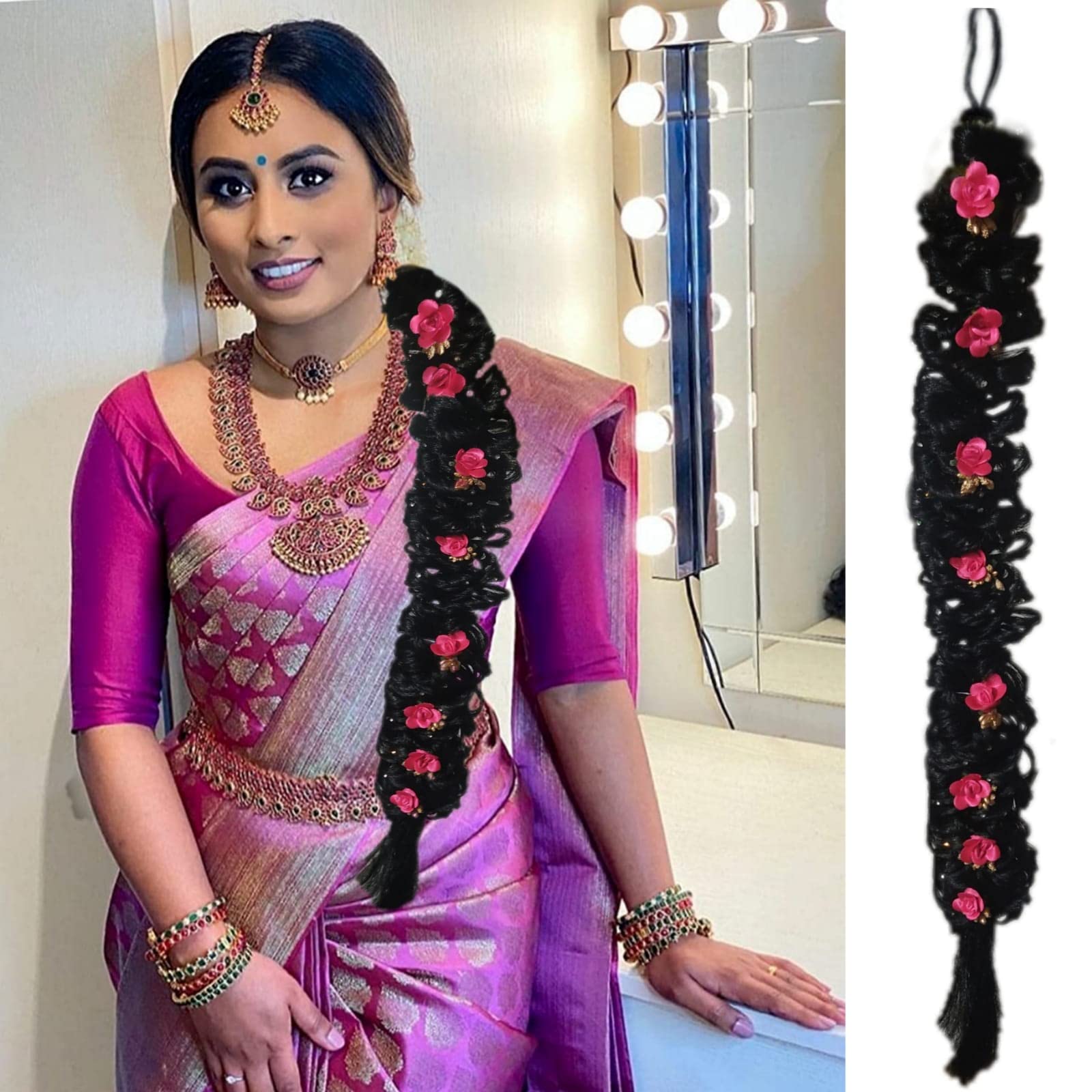 Multicolor Nandini Juda Bun Flower Hair Accessories for Women & Girls - Lightweight Hair Extensions for Weddings, Parties & Special Events - Pack of 1 (Perfect for Bridal, Prom & Festival Hairstyles)