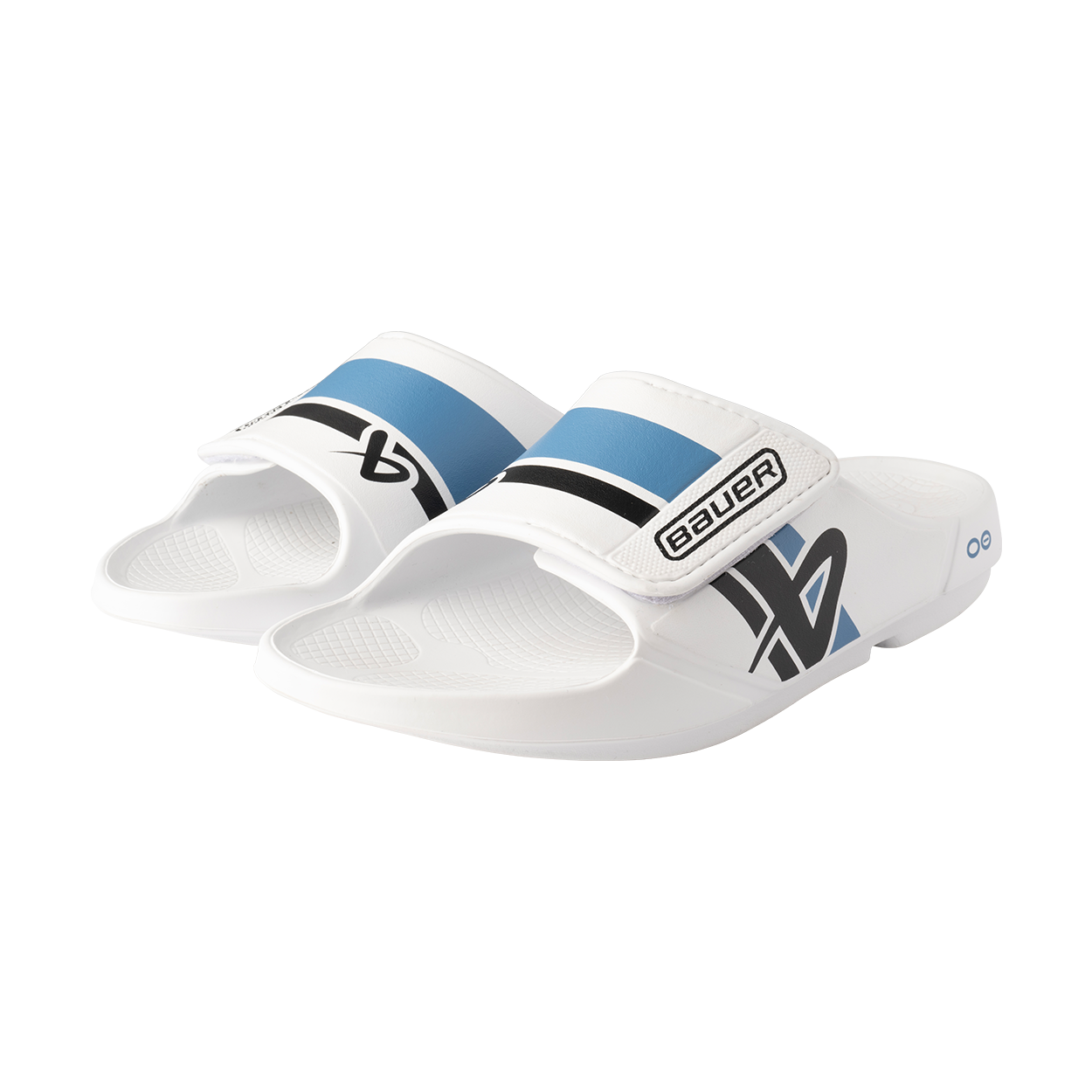 Bauer OOFOS Sport Flex Slide Junior - White/Blue - Comfortable Kids Recovery Sandals for Sports & Everyday Wear