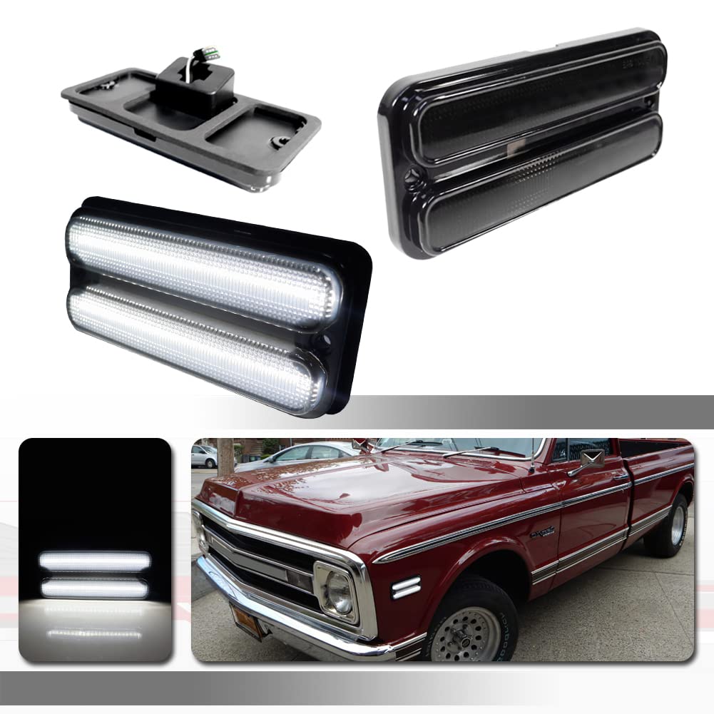 1968-1972 Chevy GMC Pickup Truck Front Bumper LED Side Marker Lights - White Smoked Lens for Classic Truck Restoration & Nighttime Safety