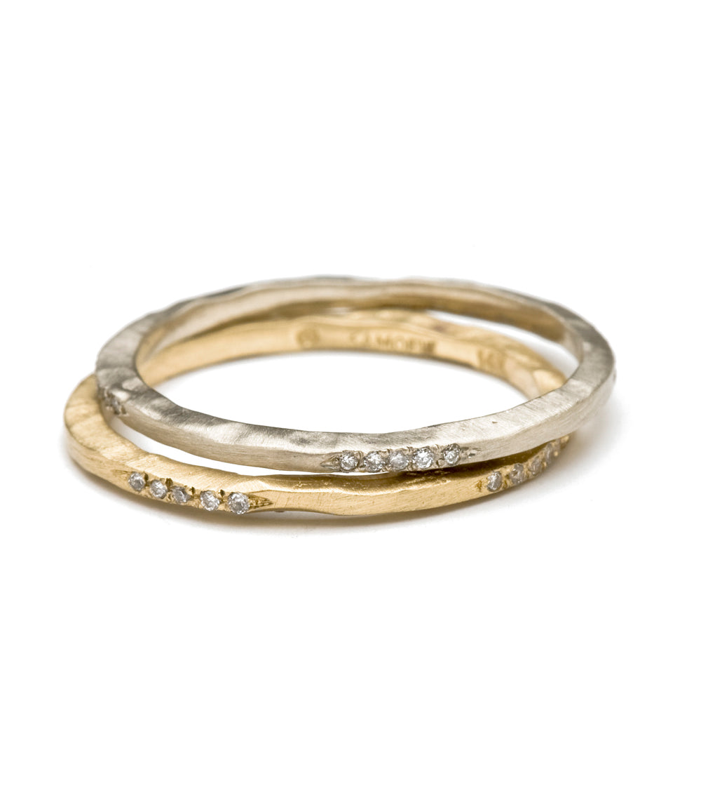 14K Gold Hammered Textured Micro Pave Diamond Stackable Thin Band Ring for Women - Perfect for Layering, Stacking & Everyday Elegant Jewelry