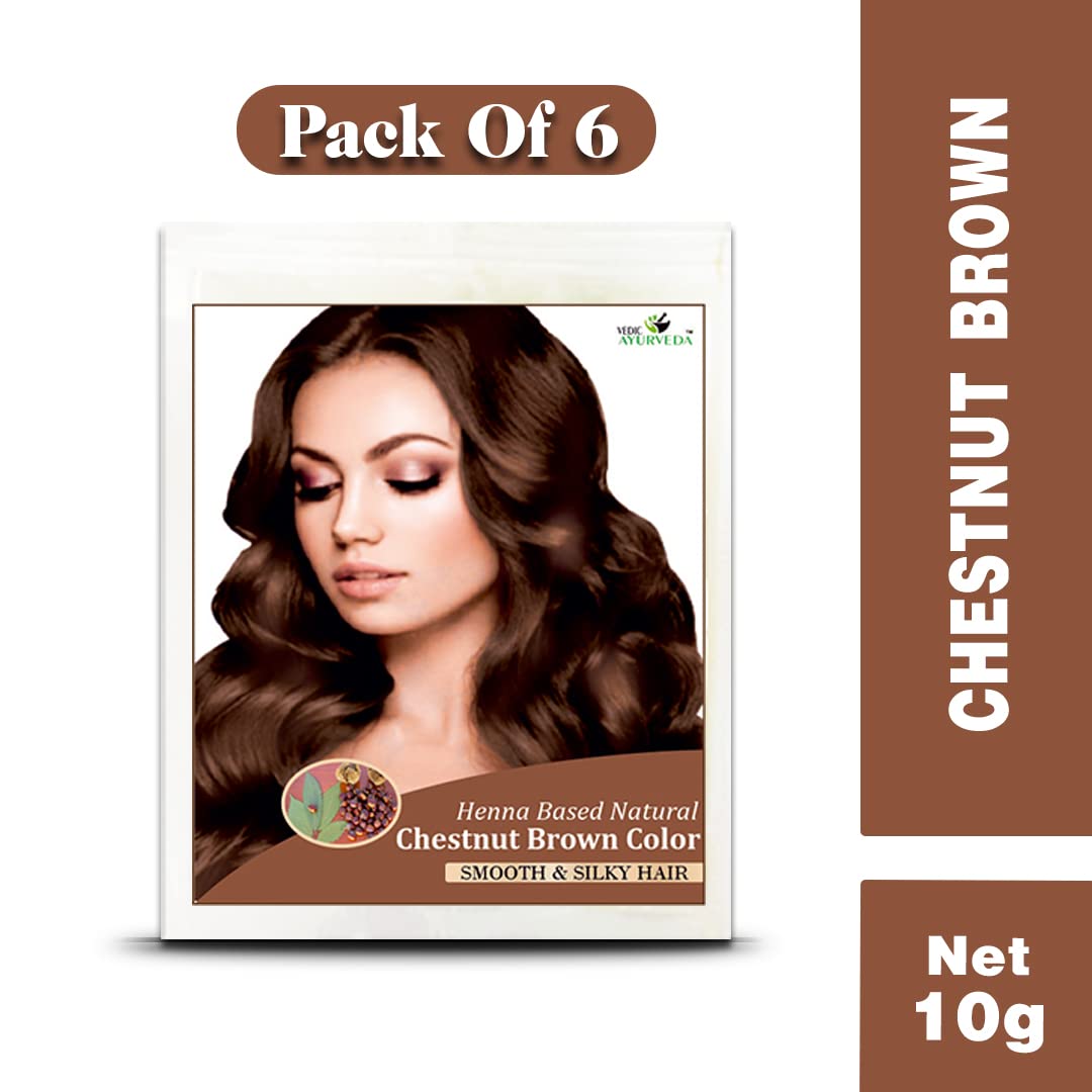 VedicAyurveda Chestnut Brown Henna Hair Color - 100% Natural & Chemical-Free (Pack of 6) | Safe Gray Coverage & Hair Conditioning for Women & Men | Perfect for Home Use, Salons & Ayurvedic Hair Care Routines