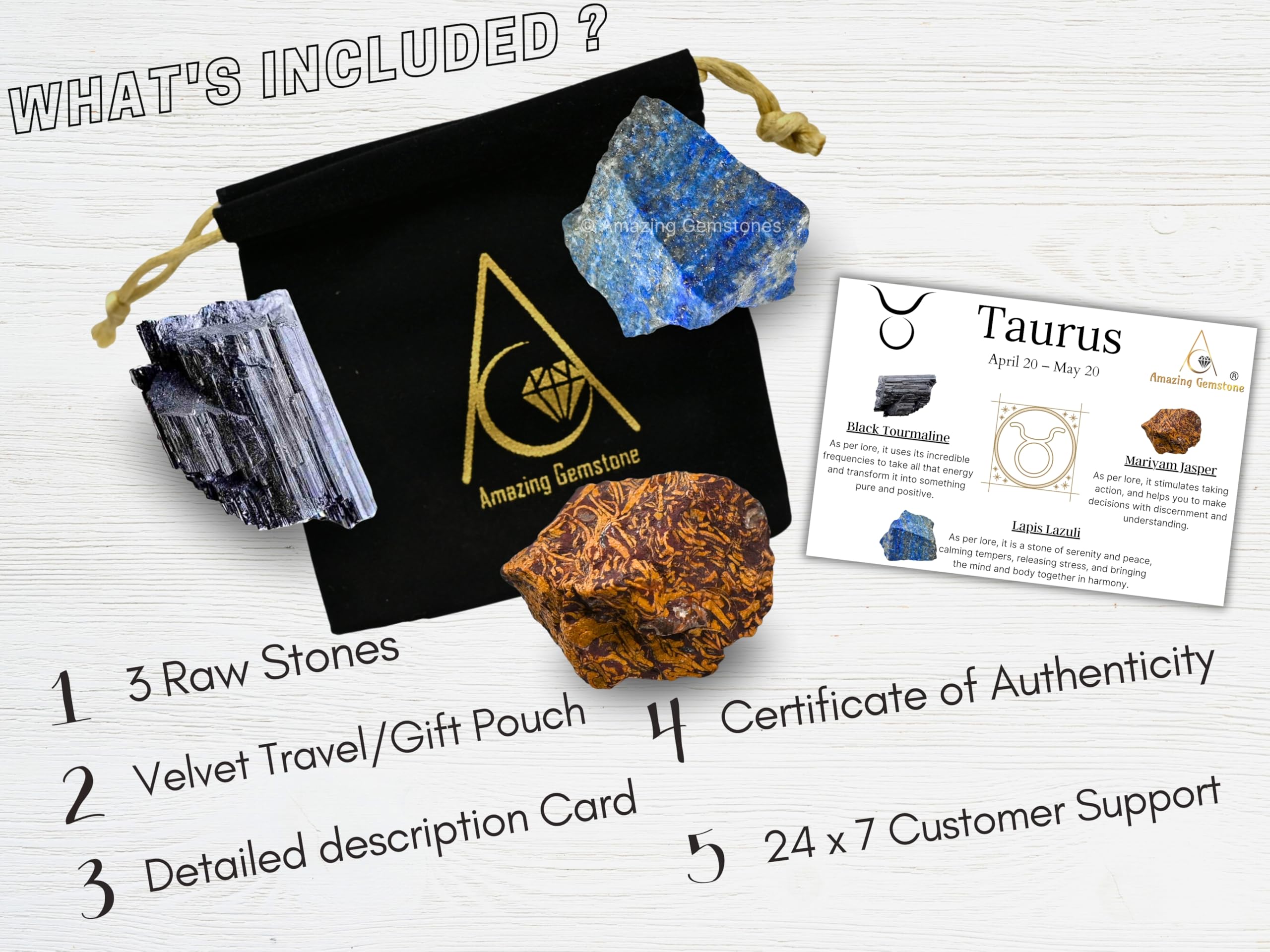 Taurus Zodiac Healing Crystal Set - 3 Raw Gemstones for Astrology, Chakra Balancing & Energy Healing | Perfect Birthday, Anniversary Gift for Women, Men, Mother & Father | Includes Information Card | Ideal for Meditation, Home Decor & Spiritual Wellness