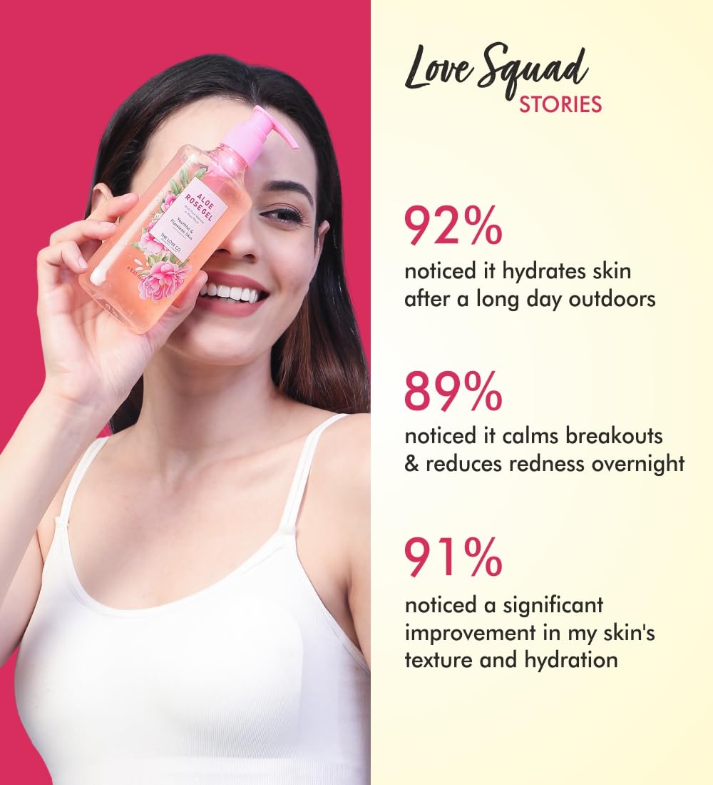 THE LOVE CO. Aloe Vera & Rose Water Gel - 250ml | Vitamin E-Enriched Hydrating Face & Body Moisturizer for Dry Skin | Sunburn Relief, Skin Rejuvenation & Daily Hydration | Perfect for After-Sun Care & Sensitive Skin Soothing