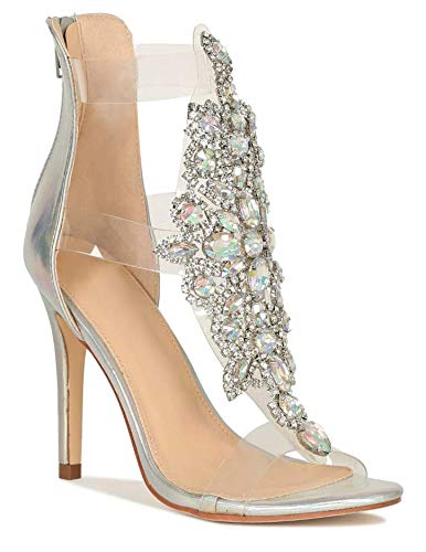Bella Luna Women's Rhinestone Embellished Stiletto Heels with Transparent Straps - Perfect for Evening Parties, Weddings & Special Occasions