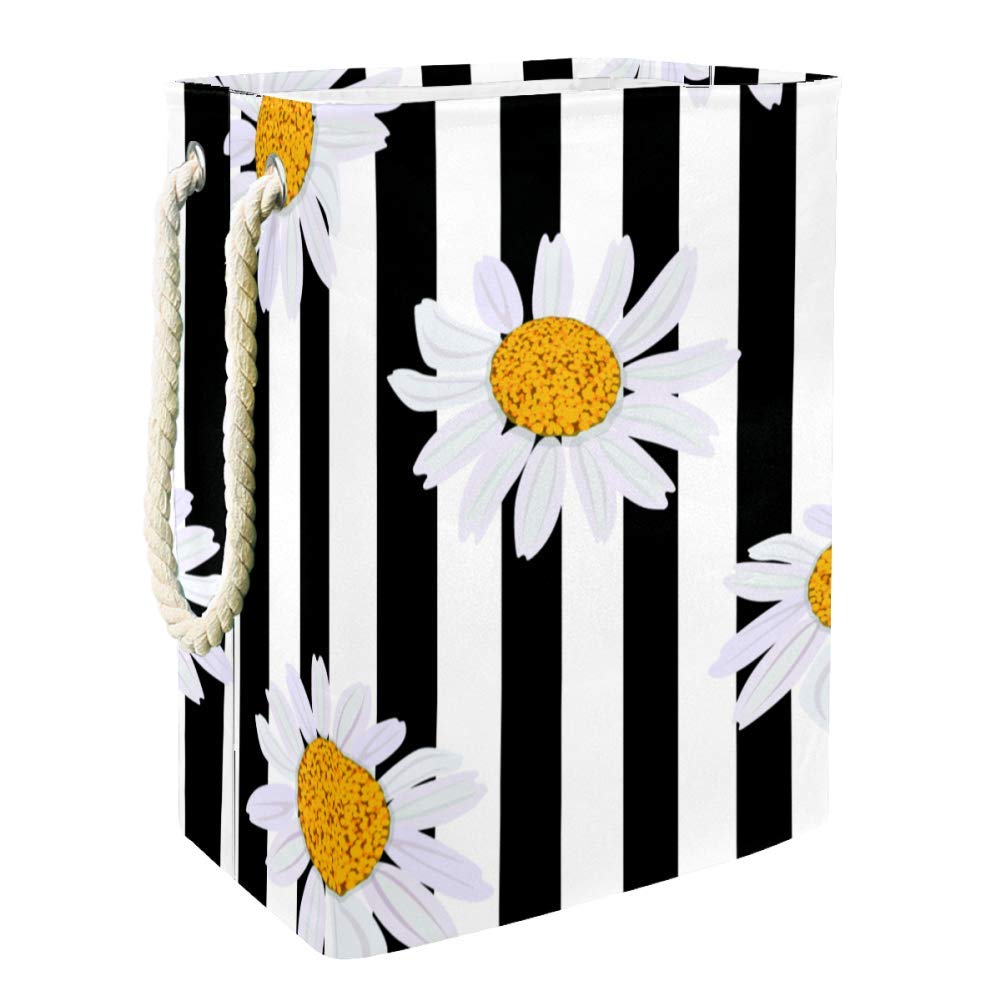 AISSO Collapsible Laundry Hamper Basket - 19 Inch Foldable Waterproof Dirty Clothes Storage Bin for Bedroom, Laundry Room & Bathroom - Daisy Flower Black White Stripes Design - Perfect for College Dorms, Apartments and Travel Use