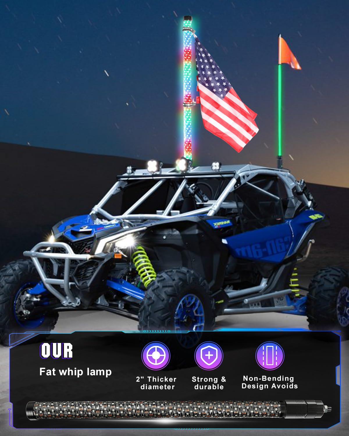 2 Pack 3FT LED Whip Lights for UTV ATV - Adjustable Length, Ultra Bright Spiral Chasing Lights with Rocker Switch, 2 Flags, App & Remote Control - Perfect for RZR, SxS, Can-Am Off-Road Vehicles - Ideal for Night Riding, Trail Adventures & Off-Road Racing
