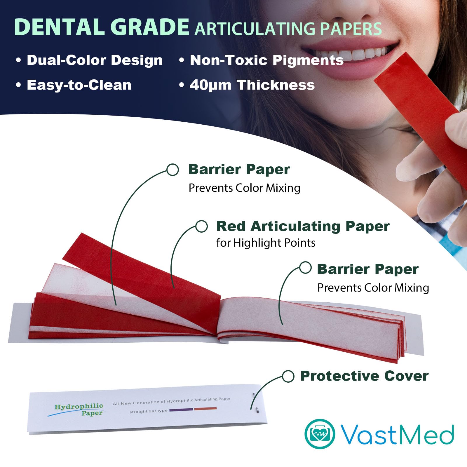 VASTMED 240PCs Dental Grade Articulating Papers - Double-Sided Micron Bite Paper & Film for Occlusal and Interproximal Adjustments | Perfect for Dentists, Orthodontists & Dental Labs | Ideal for Bite Registration, Crown Fitting & Dental Restoration Procedures