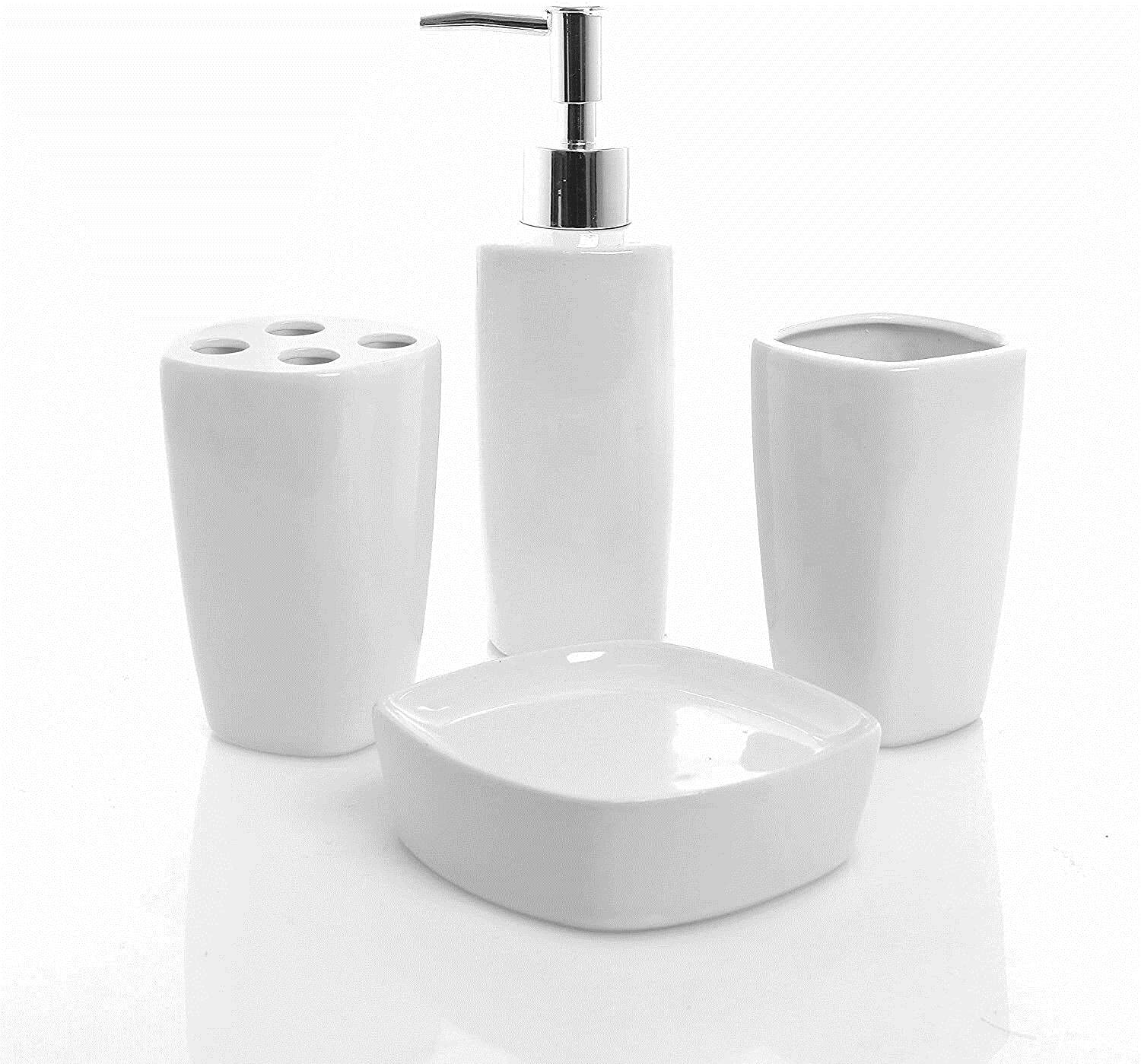 Europder 4-Piece White Ceramic Bathroom Set - Soap Dispenser, Toothbrush Holder | Modern Bath Accessories for Sink Countertop | Perfect for Home, Hotel & Apartment Decor