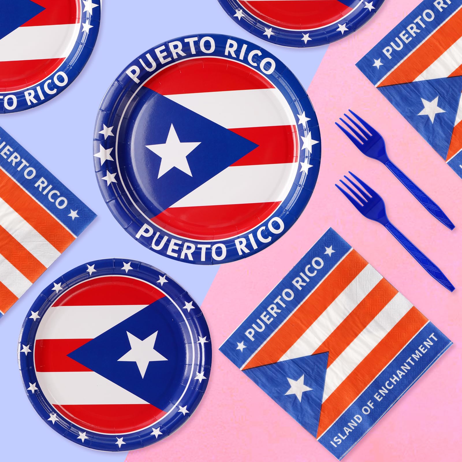 Grencian 96-Piece Puerto Rico Flag Party Supplies Set - Disposable Plates, Cups & Tableware for Birthday Celebrations, Family Gatherings & Friends Parties (Serves 24) - Perfect for Puerto Rican Themed Events, National Holidays & Cultural Festivities
