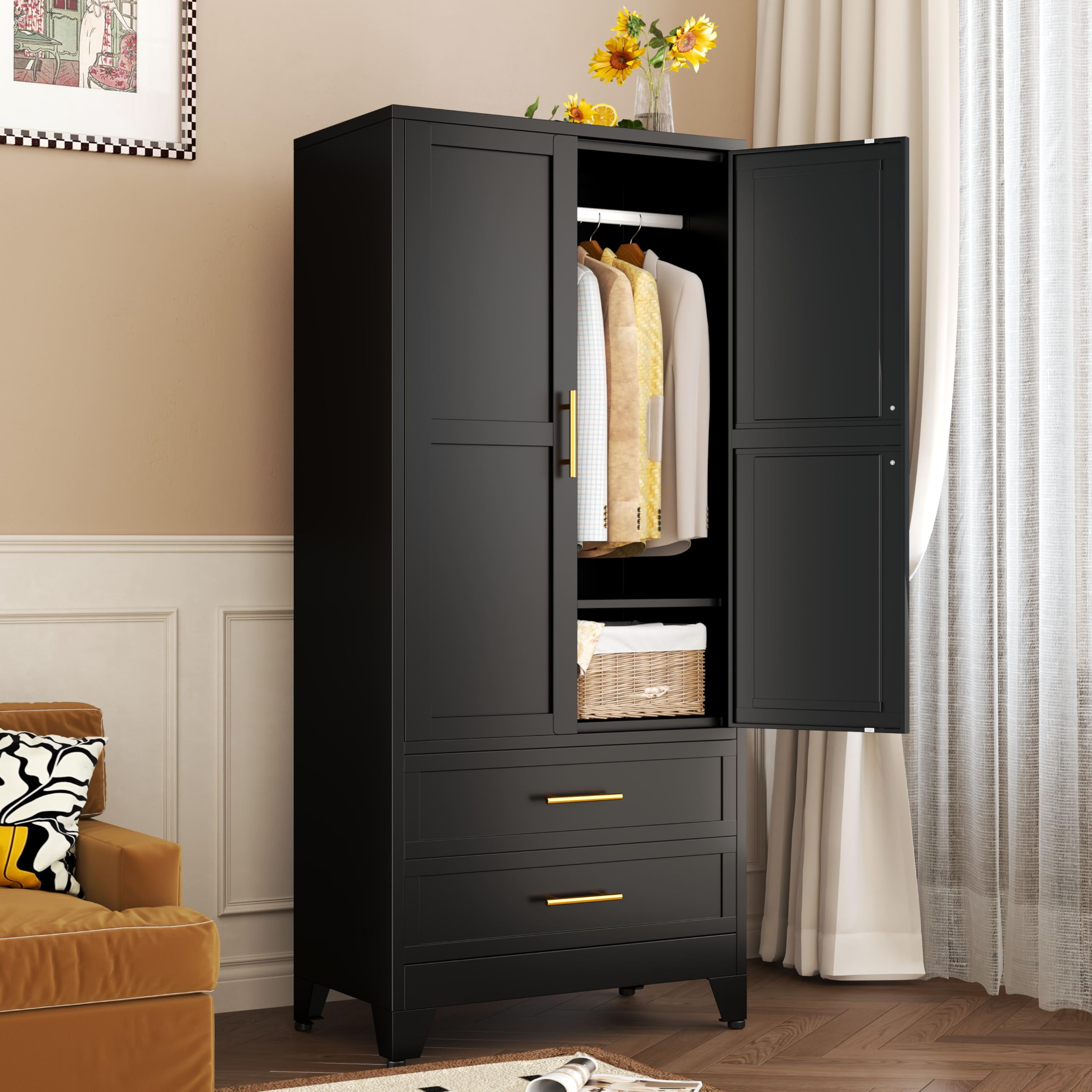 Black Metal Armoire Wardrobe Closet with 2 Drawers, Hanging Rod & Adjustable Shelves - 71