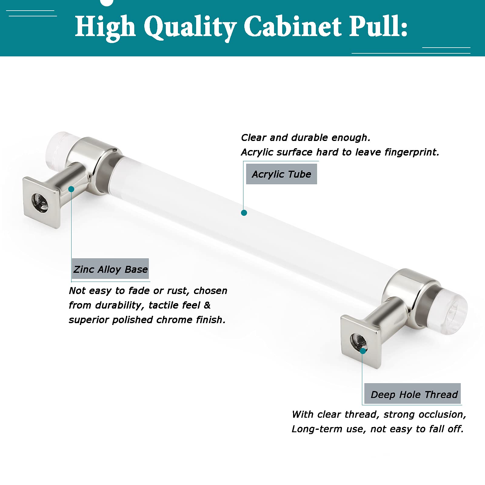 30 Pack Acrylic Cabinet Pulls - 5 Inch Hole Center Silver Chrome Kitchen Drawer Handles for Cupboard, Dresser & Cabinet Doors | Modern Hardware for Home Renovation & DIY Projects
