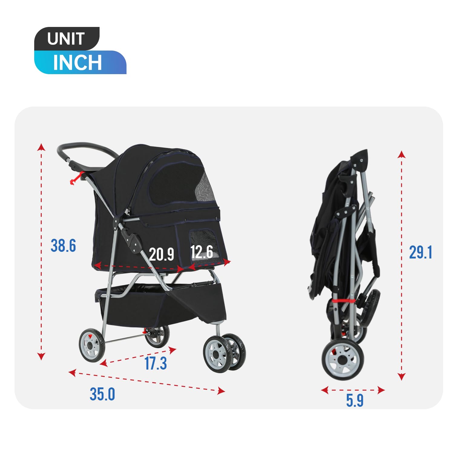 Furniture of America Buddy 3-Wheel Waterproof Folding Pet Stroller with Cup Holder & Mesh Window - Lightweight Travel Carrier for Dogs & Cats - Perfect for Park Walks, Shopping Trips & Outdoor Adventures (Black)