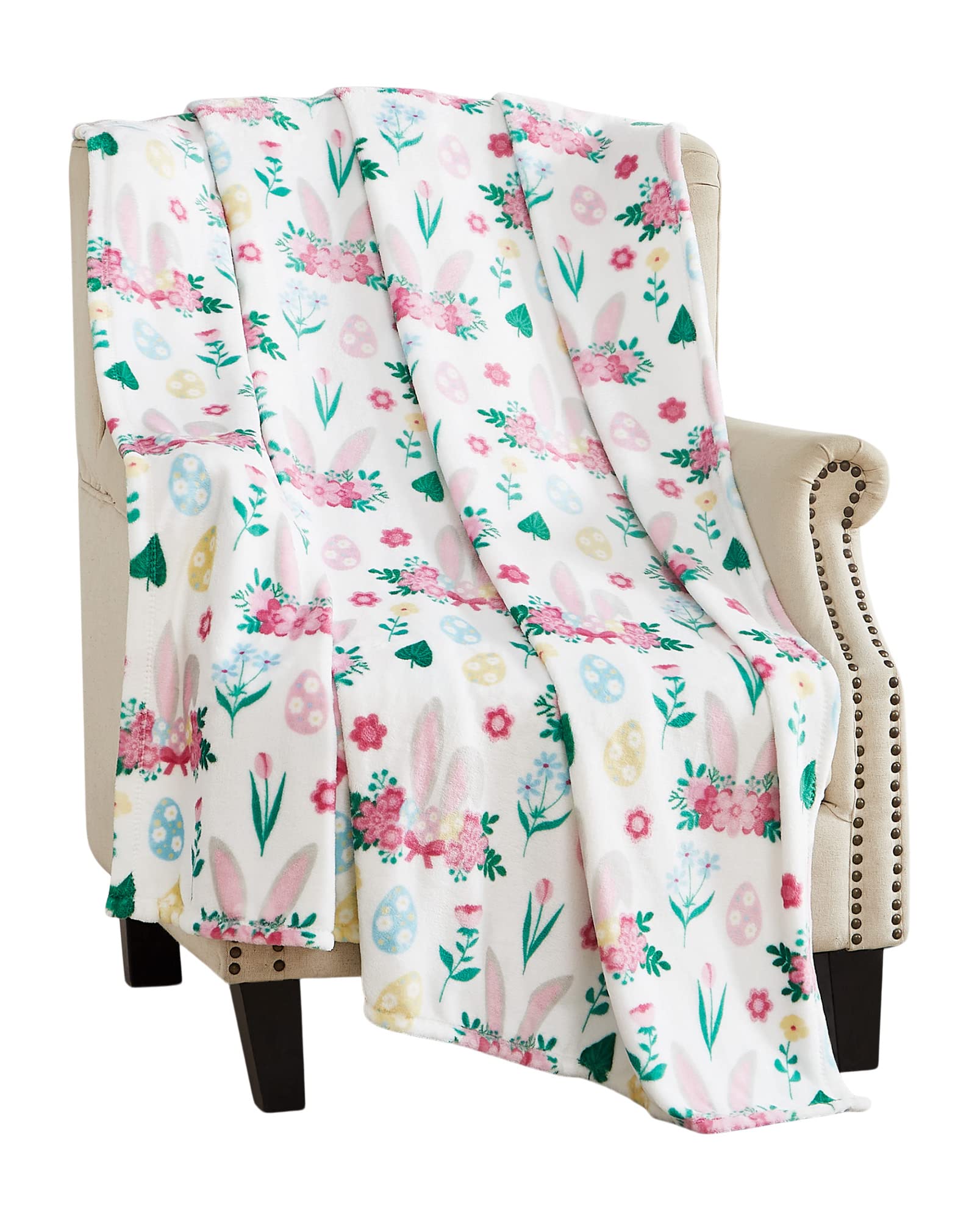 Easter Spring Velvet Fleece Throw Blanket - Soft Cozy Home Decor with Bunny, Eggs & Chicks Design - Perfect for Couch, Bed & Easter Gift Giving