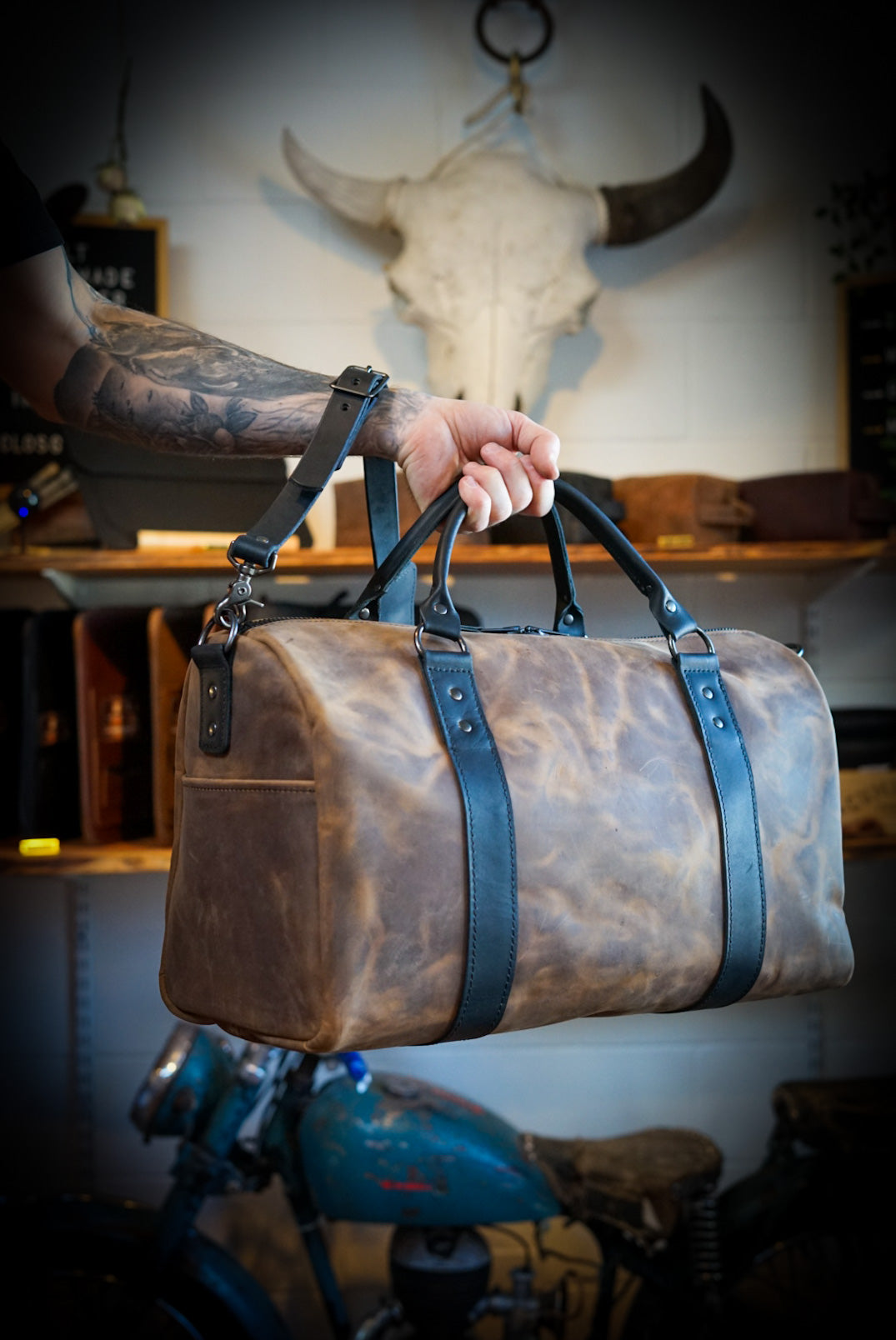 Premium Overnight Duffle Bag - Tobacco Brown with Flat Black Accents - Perfect for Travel, Gym & Weekend Getaways