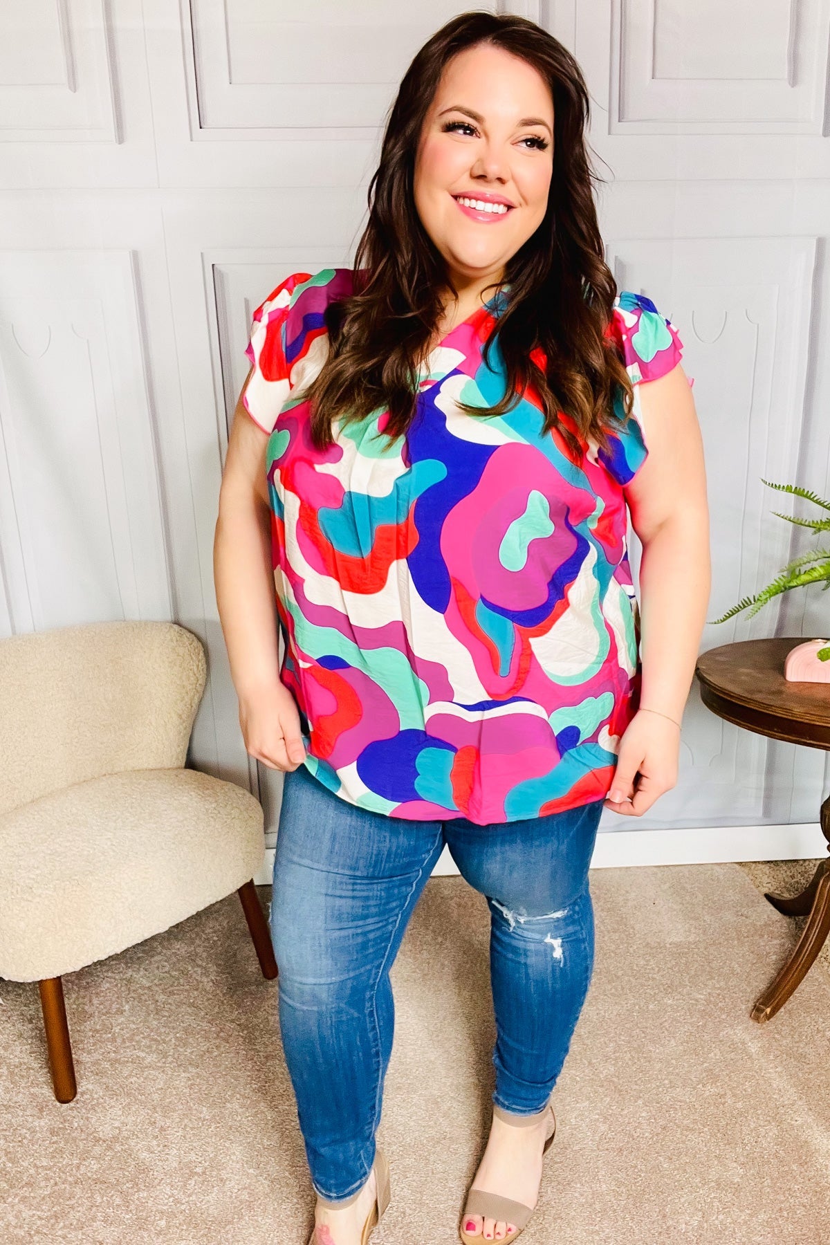 Fuchsia Geo Abstract V-Neck Flutter Sleeve Blouse for Women | Trendy Floral Print Summer Tops | Perfect for Date Night, Office Wear & Casual Outings