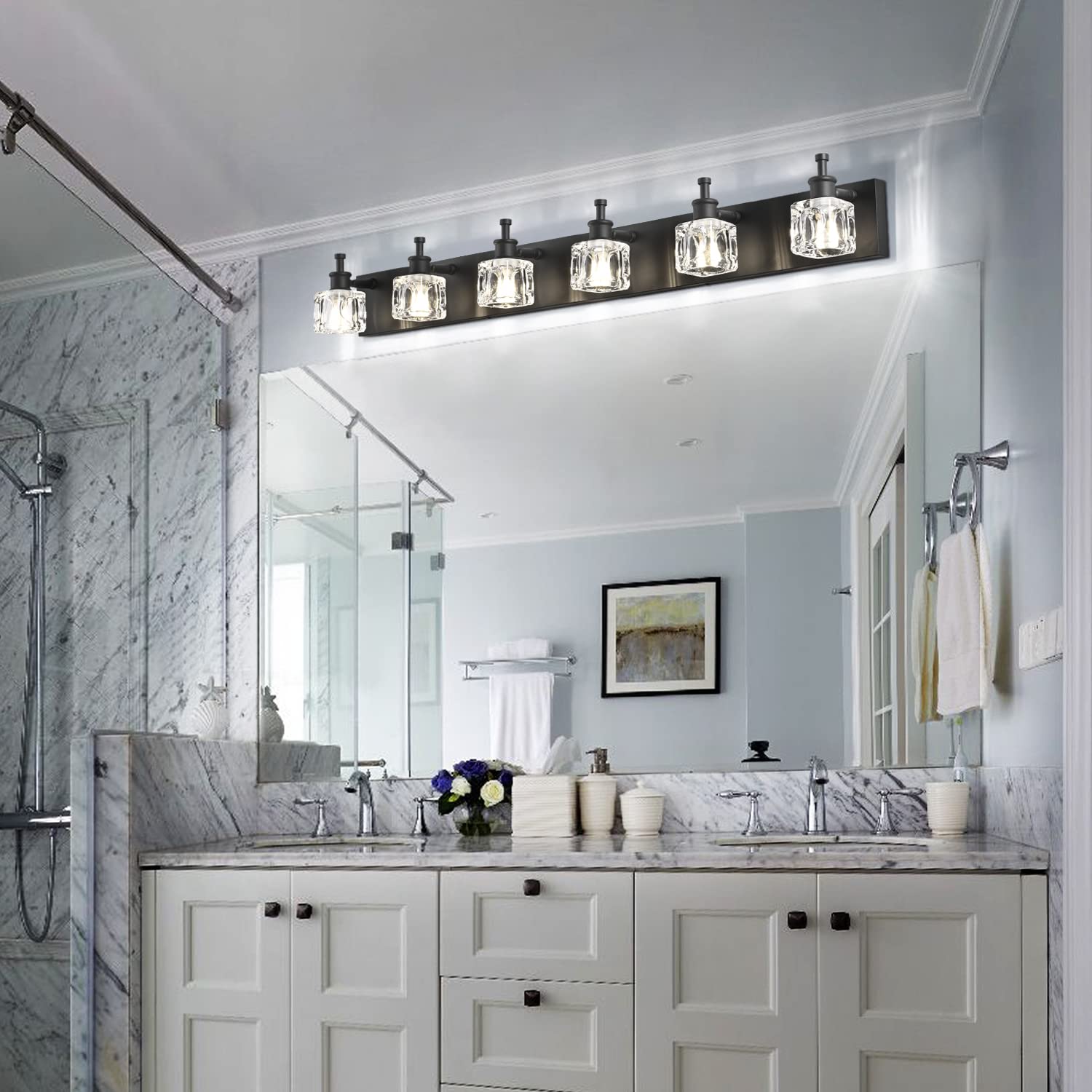PRESDE Modern Crystal Black 6-Light Bathroom Vanity Lighting Fixture - Elegant Wall Sconce for Mirror Lighting (Bulbs Not Included) | Perfect for Bathroom Makeover, Spa-Like Ambiance & Modern Home Decor