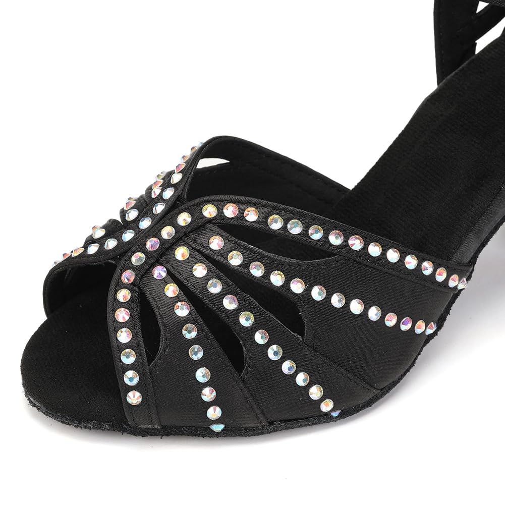 Latin Ballroom Dance Shoes for Women - Rhinestone Salsa Shoes with 3 Inch Heel & Suede Sole | Perfect for Salsa, Bachata, Tango & Wedding Dance Performances