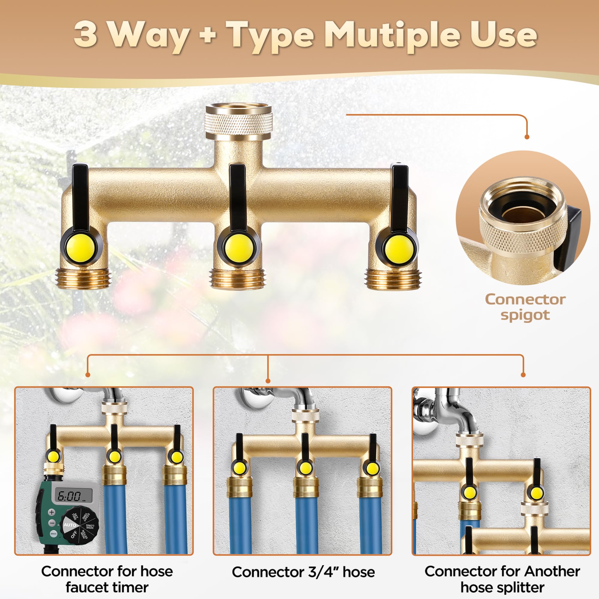 IPOW 3-Way Heavy Duty Brass Garden Hose Splitter - 3/4
