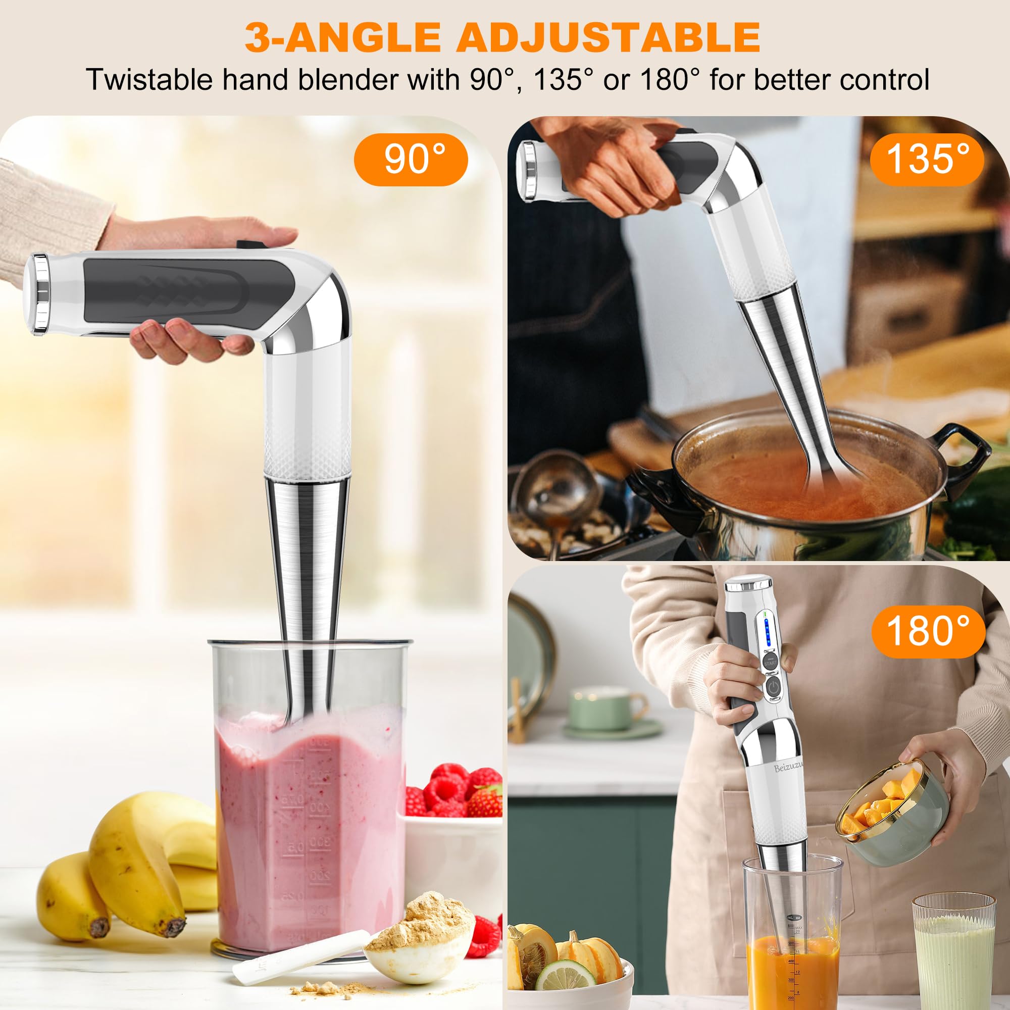 Rechargeable Cordless Hand Blender - 21 Speed Settings, 3 Angle Adjustable with 304 Stainless Steel Blades - Perfect for Smoothies, Milkshakes, Soups, Purees & Baby Food - Ideal for Kitchen, Camping & Small Spaces (White)
