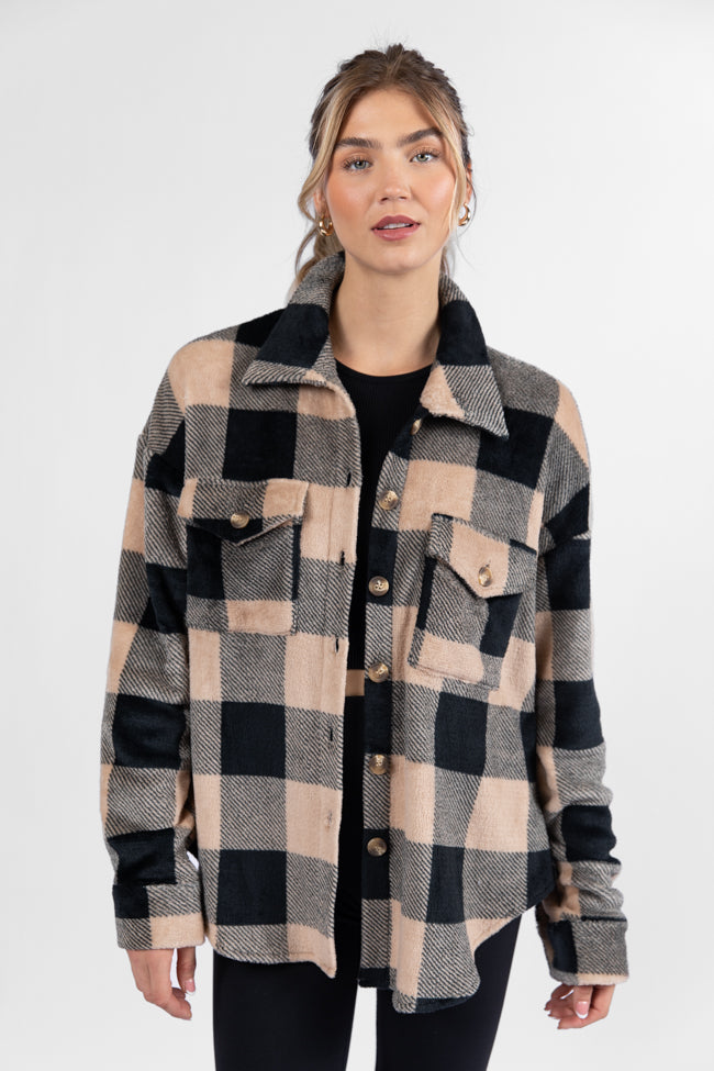 Wind Down Black and Tan Fleece Plaid Shacket - Cozy Overshirt for Men & Women | Perfect for Fall & Winter Layering, Outdoor Adventures & Casual Wear | FINAL SALE