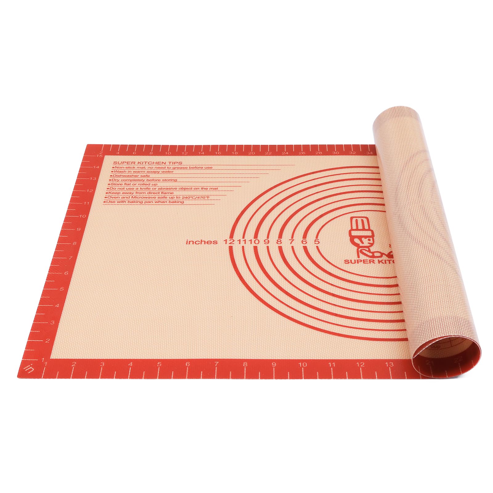 Non-Slip Extra Large Silicone Baking Mat 16''x26'' with Measurements - Heat Resistant Pastry Mat for Dough Rolling, Pie Crust, Fondant | Oven Liner & Counter Protector | Perfect for Baking, Cooking & Kitchen Prep - Folksy Super Kitchen Red