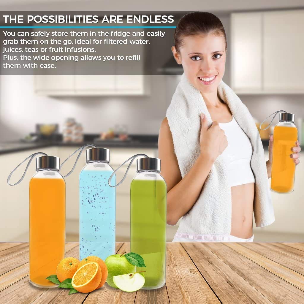 6 Pack 17 oz (500ml) High Borosilicate Glass Water Bottles with Leak-Proof Silver Caps - Reusable Drinkware for Water, Juice, Milk, Tea - Perfect for Gym, Office, Hiking & Outdoor Activities