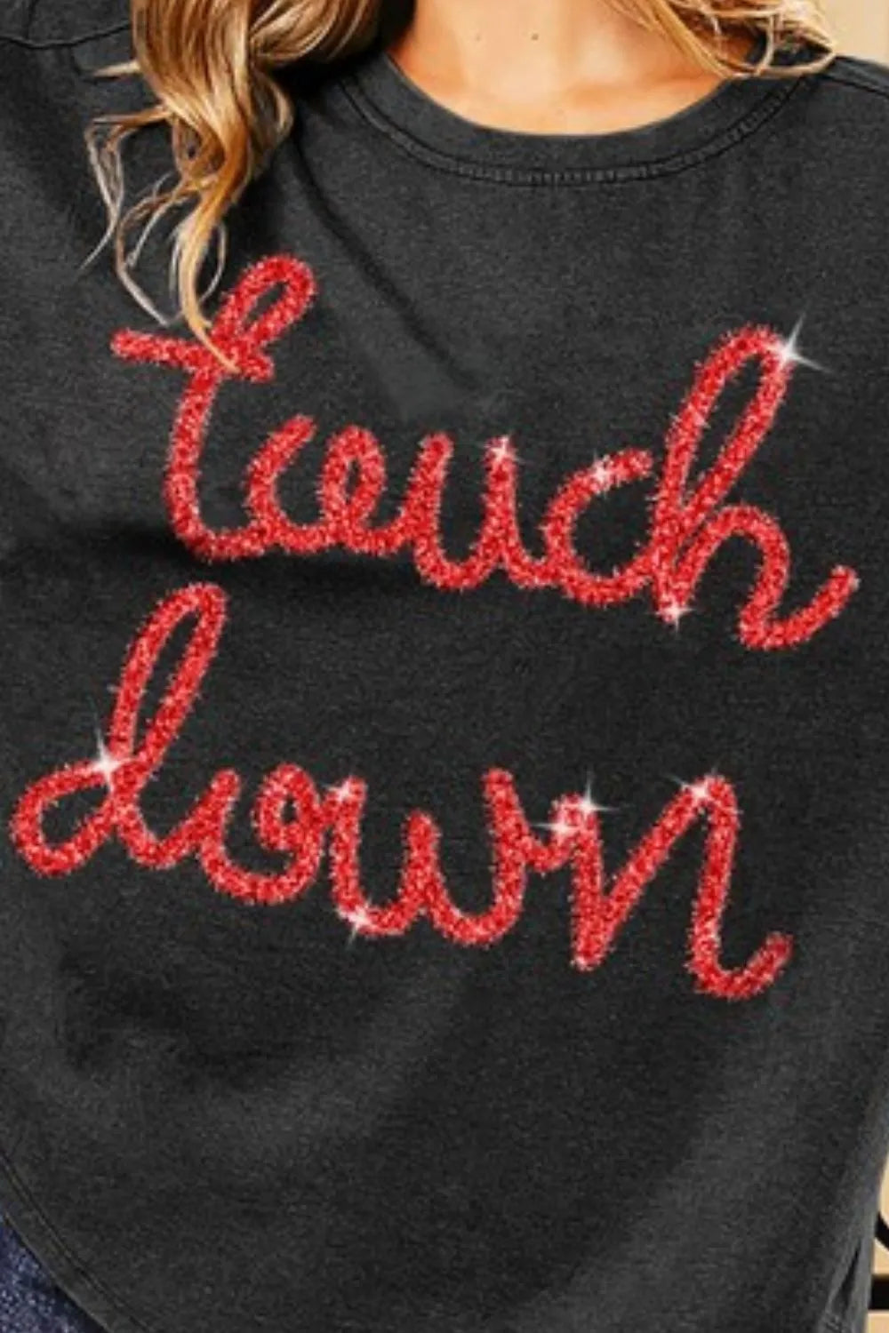 Vintage Washed Metallic Letter Touchdown Top - Retro Football Inspired Tee for Game Day & Casual Wear
