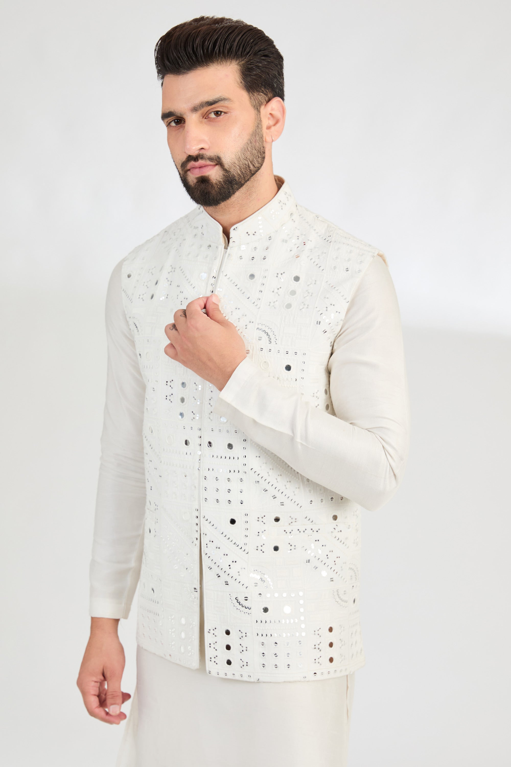 Ivory Abstract Mirror Work Jacket - Stylish Embroidered Boho Coat for Women | Perfect for Festivals, Parties & Boho Chic Outfits