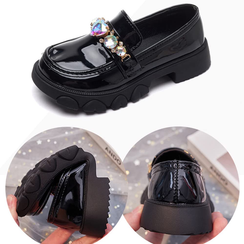 Girls Patent Leather Slip-On Loafers with Rhinestones - Black & White Dress Shoes for School Uniforms | Comfortable Flats for Class, Parties & Special Occasions