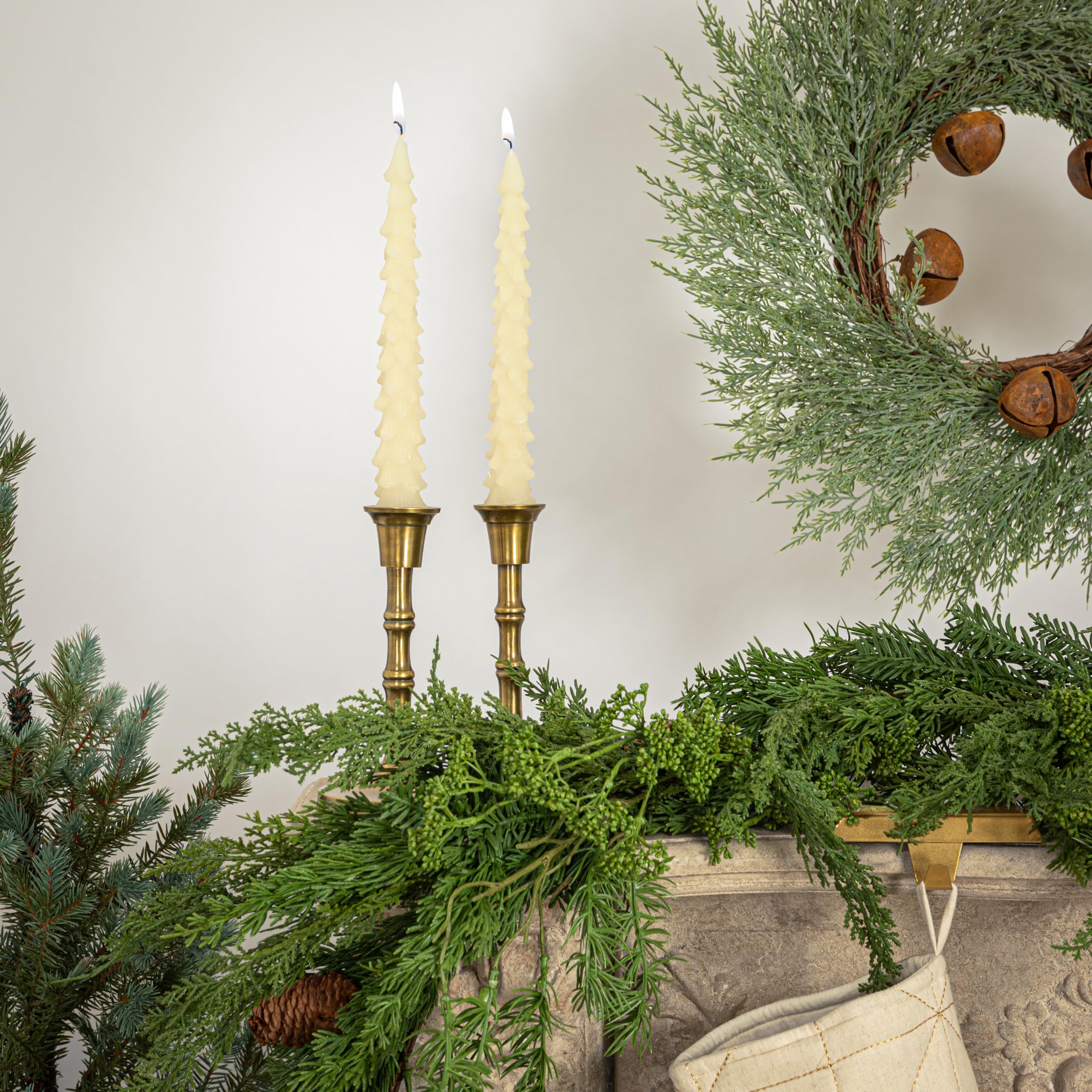Creative Co-Op Unscented Christmas Tree Shaped Taper Candles - Set of 2 Eggnog Beige Candles for Holiday Table Decor, Mantel Display & Winter Centerpieces