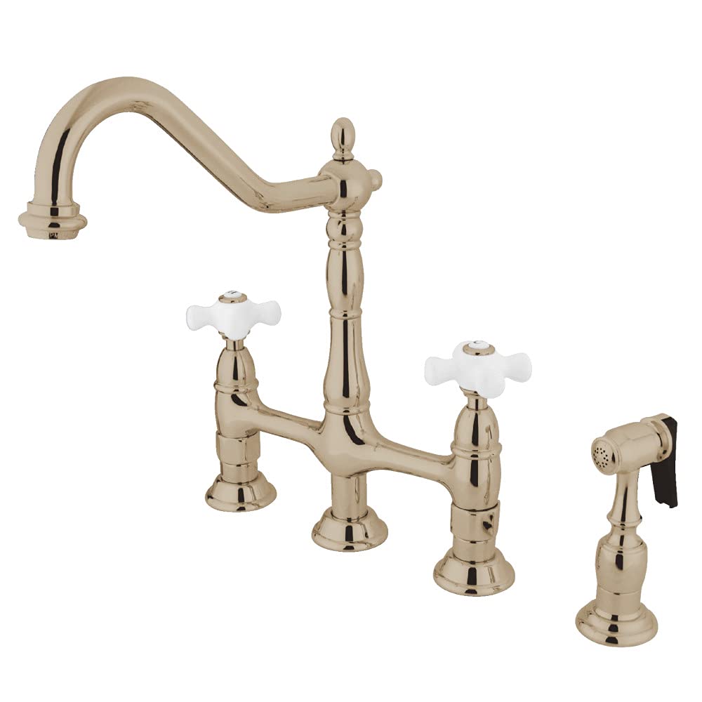 Kingston Brass KS1276PXBS Heritage Bridge Kitchen Faucet - Polished Nickel Finish, High Arc Spout, Dual Handle Design for Modern Farmhouse & Traditional Kitchens