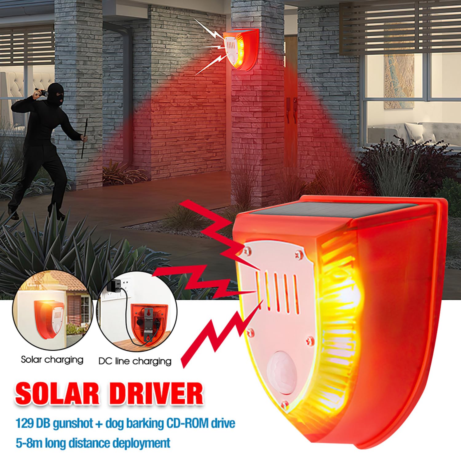 Solar Motion Sensor Alarm Outdoor - 129dB Loud Security Light with Dog Barking & Gunshot Sound, Strobe Warning & USB Charging | Ideal for Home, Villa, Farm, Barn, Yard Protection & Intruder Deterrence