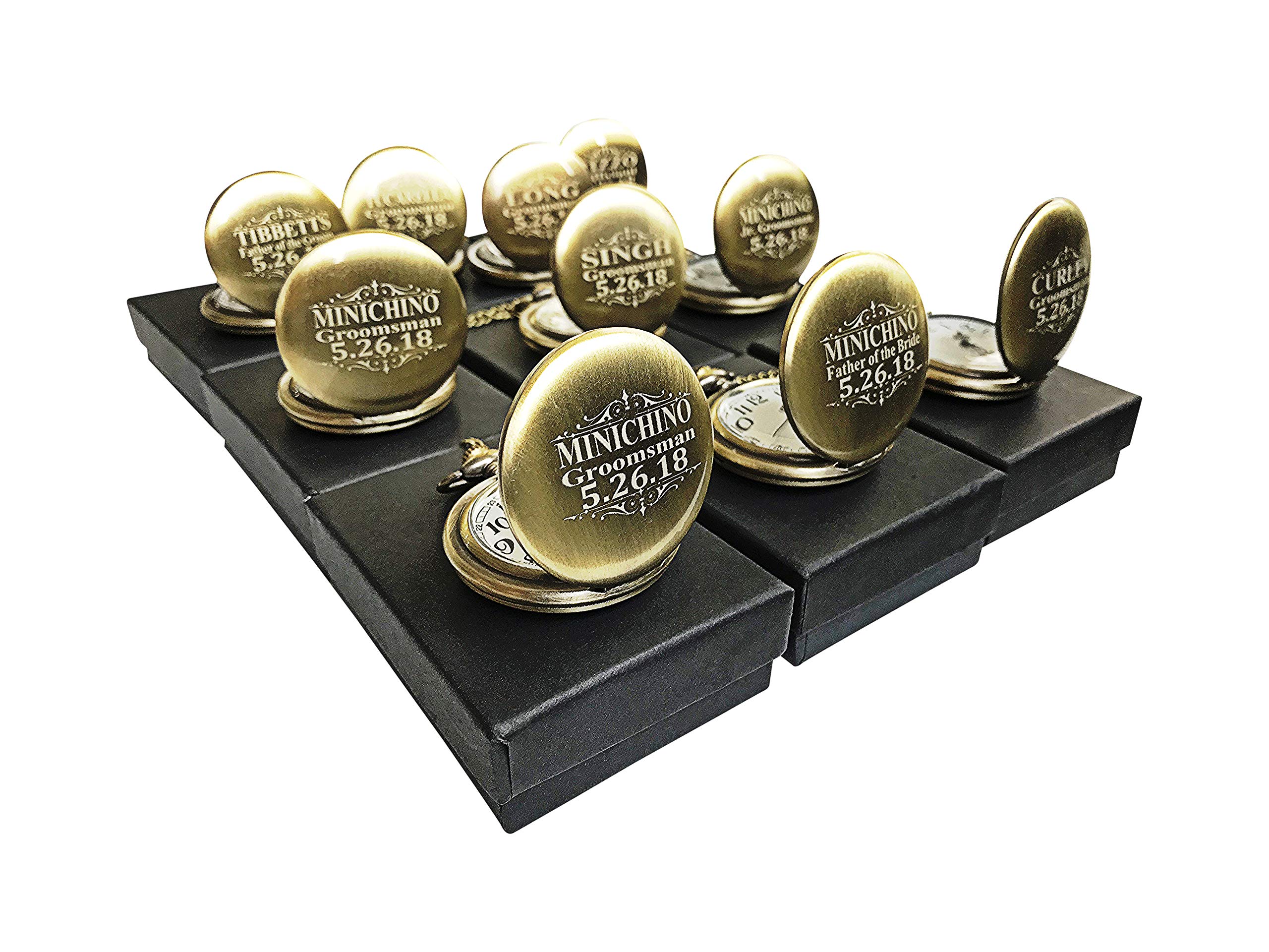 Personalized Engraved Pocket Watches for Men - 10-Piece Set with Chain, Gift Box - Perfect for Groomsmen Wedding Gifts, Anniversary & Special Occasions - Available in 4 Classic Colors (Gold, Silver, Rose Gold, Black)