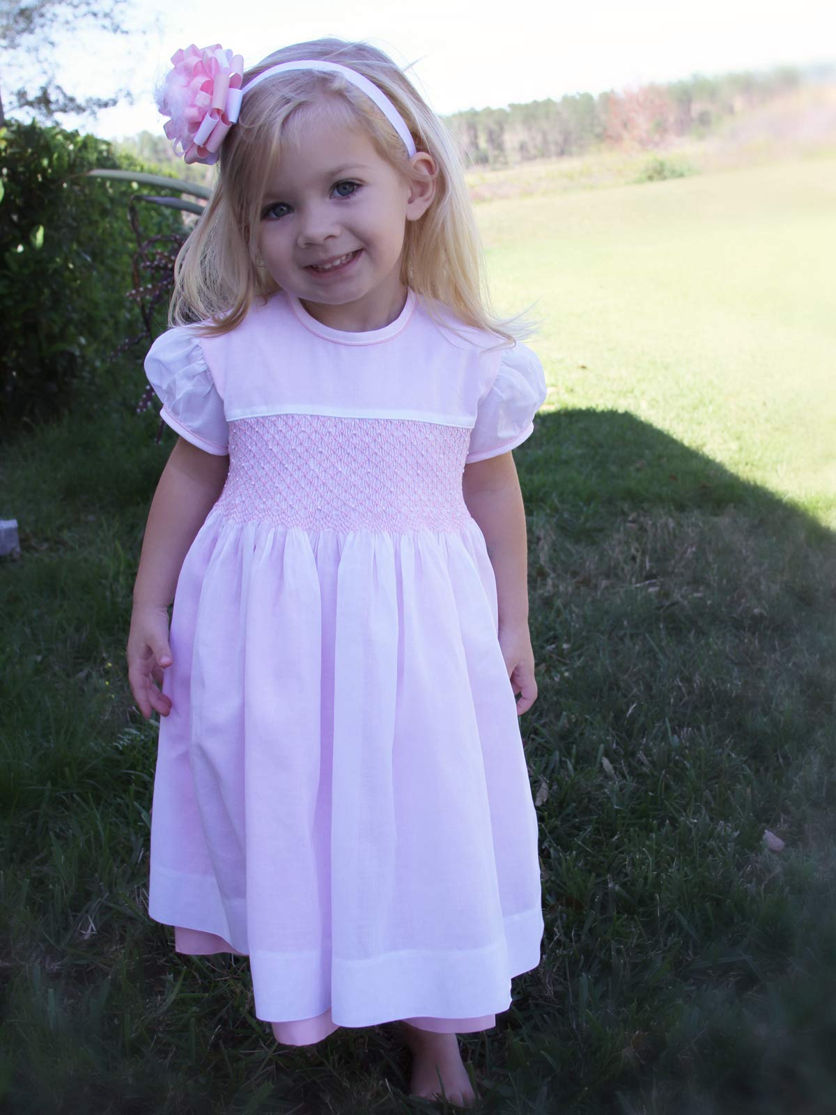 Elegant White and Pink Girls Easter Dress - Hand Smocked Short Sleeve Party Dress for Spring, Easter Sunday, Photoshoot & Special Occasions
