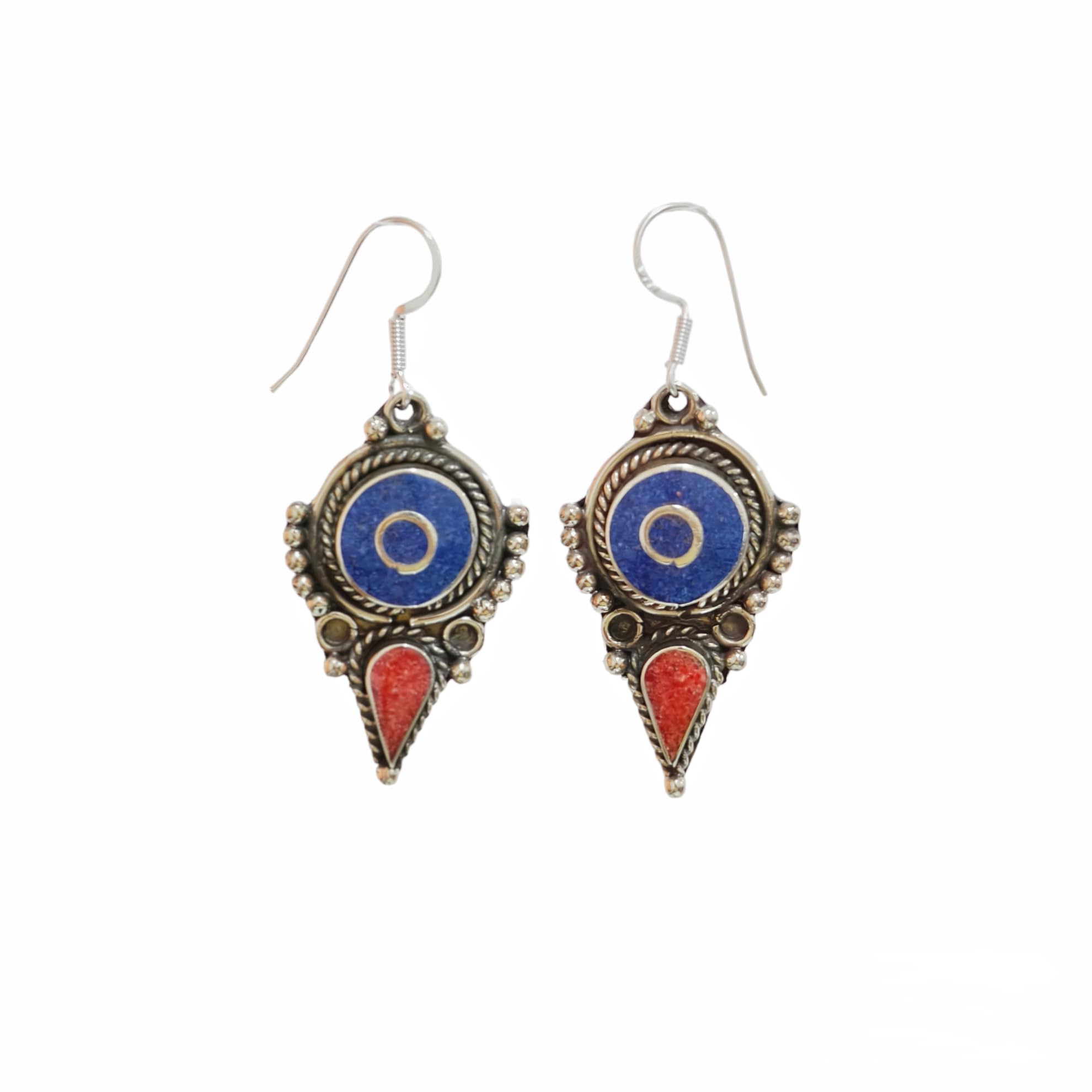 Handmade Coral & Lapis Lazuli Drop Earrings for Women - 925 Silver Plated Ethnic Designer Jewelry - Perfect Gift for Birthday, Anniversary & Special Occasions