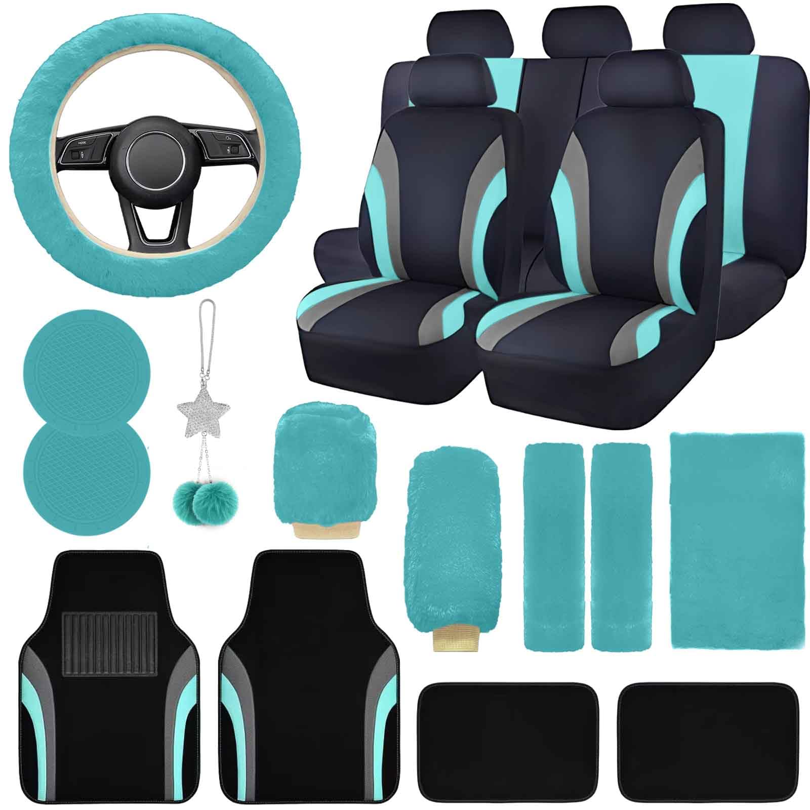 21-Piece Universal Car Seat Accessories Set - Waterproof Seat Covers, Fluffy Steering Wheel Cover & Floor Mats for SUV/Truck (Mint Green) | Women's Car Interior Decor & Protection Accessories for Road Trips & Daily Commute