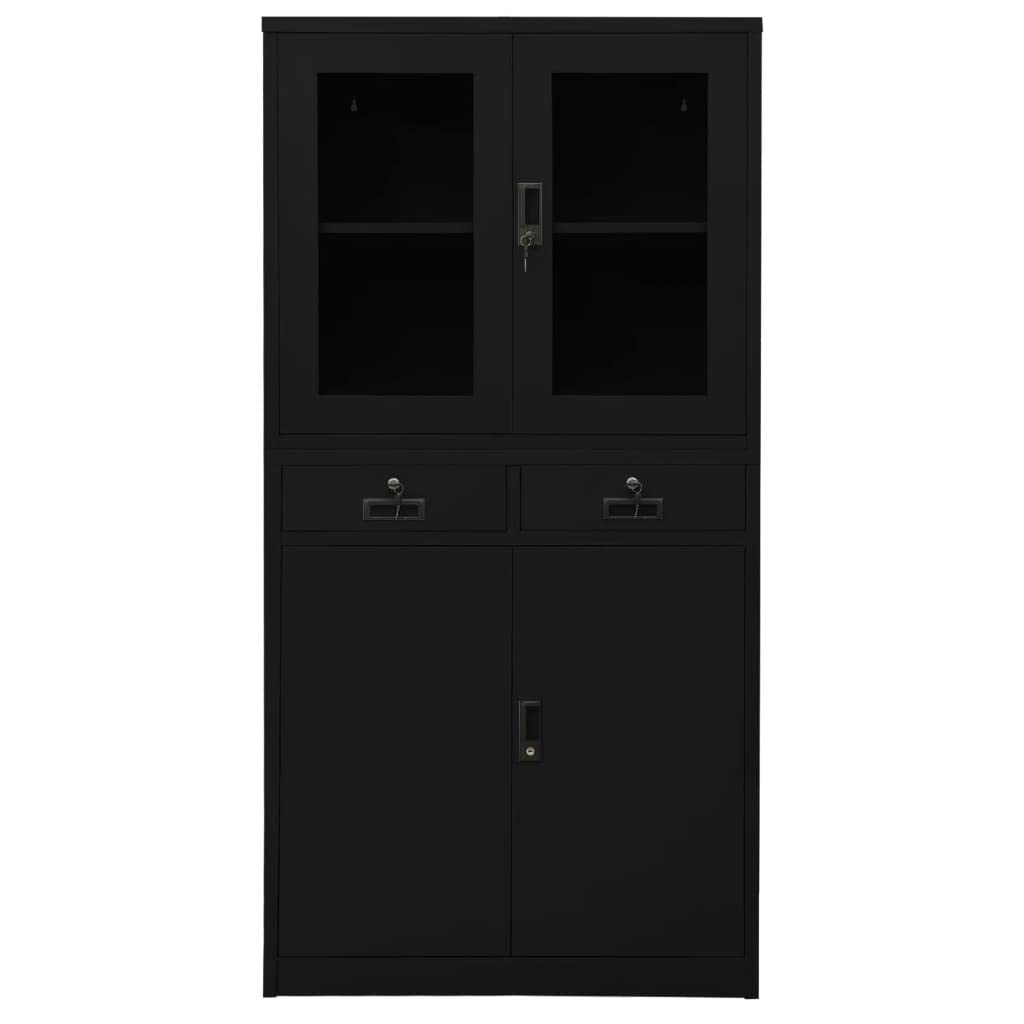 Modern Black Metal Storage Cabinet with Glass Doors - 35.4