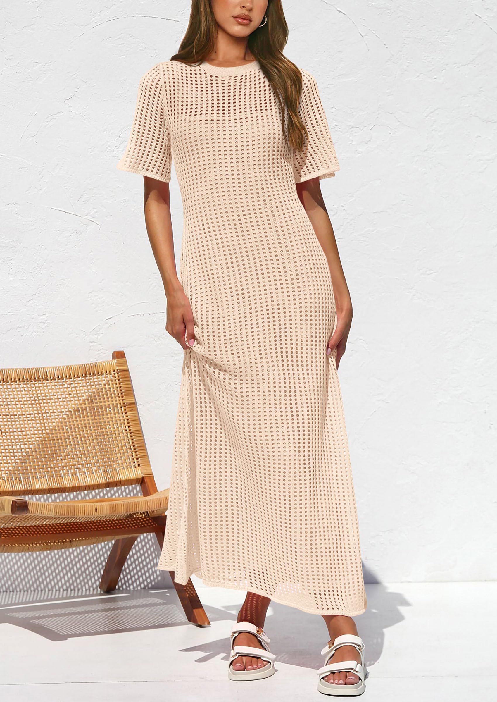 PRETTYGARDEN Women's Floral Eyelet Cover Up Dress - 2025 Summer Beach Maxi Dress with Short Sleeves & Hollow Out Design - Perfect for Vacation, Resort Wear, and Poolside Lounging