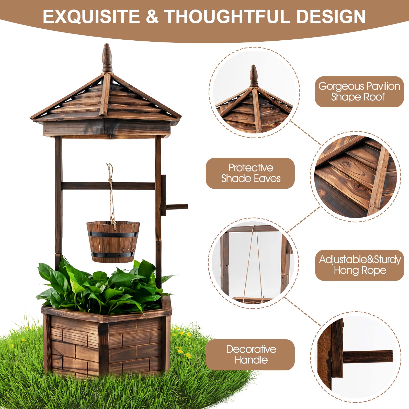 Giantex Rustic Wooden Wishing Well Planter with Hanging Bucket & Roof - Outdoor Garden Decor for Backyard, Patio, Lawn - Perfect for Flowers, Plants, and Countryside Landscaping