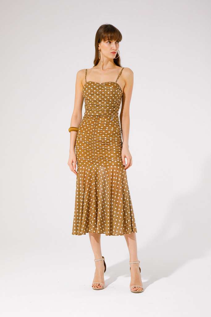 Nabuk Tulle Midi Dress - Brown Polka Dot Floral Party Dress for Women, Elegant A-Line Tea Length Dress for Wedding Guest, Cocktail Party, Date Night & Special Occasions