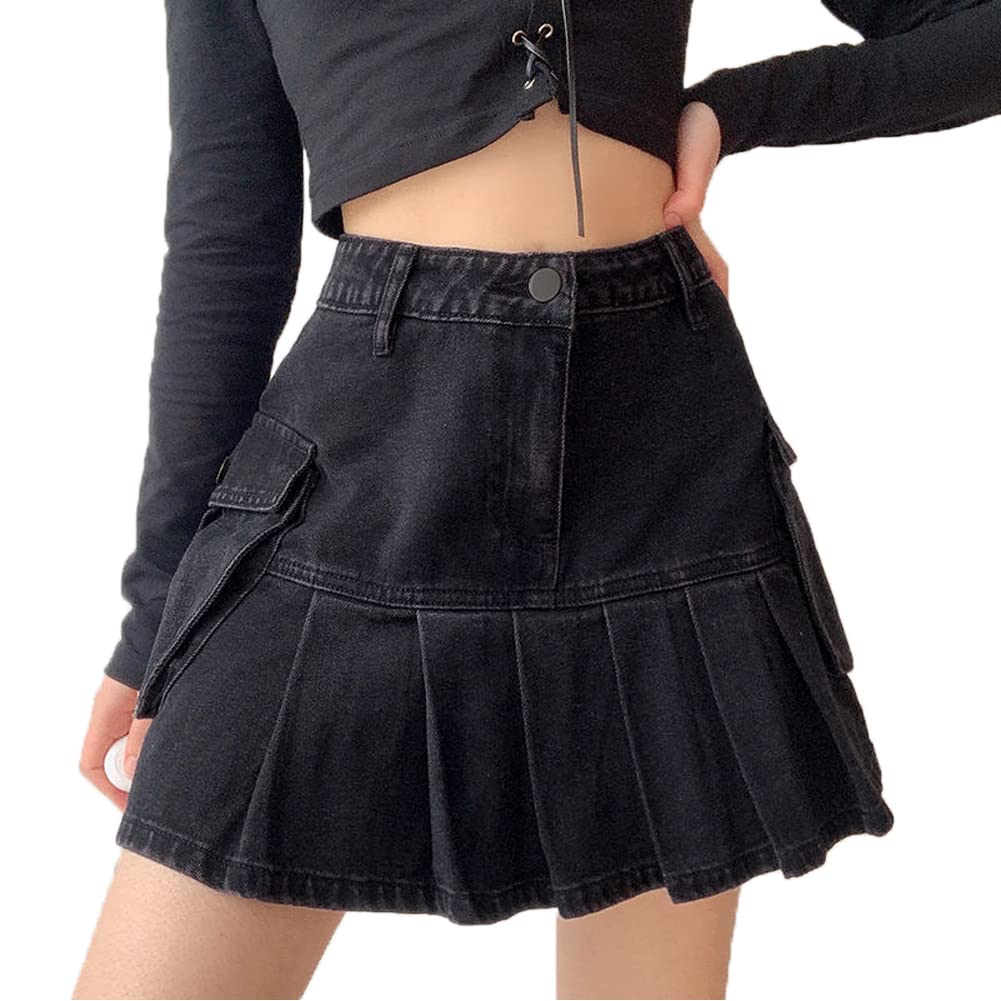 Plus Size High Waisted Denim Skirt for Women - Stretchy A-Line Mini Flared Skater Skirt with Built-in Shorts | Y2K Goth Fashion, Casual Wear for Street Style & Night Out