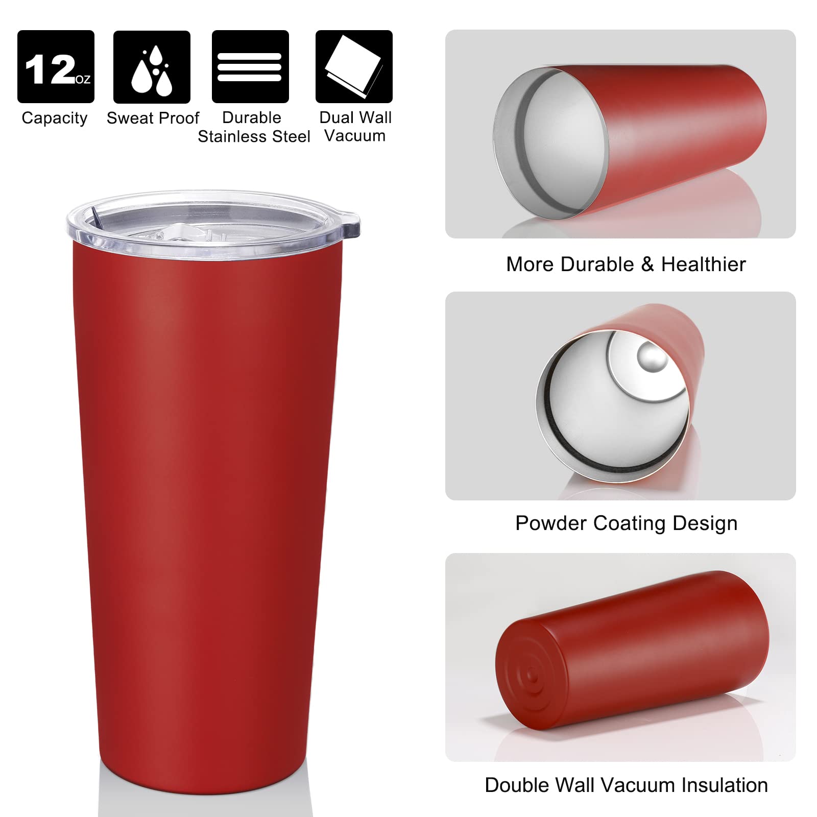 VEGOND 20oz Stainless Steel Vacuum Insulated Tumbler with Lid and Straw - 12 Pack Bulk, Double Wall Insulated Coffee Travel Mug for Hot & Cold Drinks - Perfect for Office, Gym, Camping and Outdoor Activities (Red)