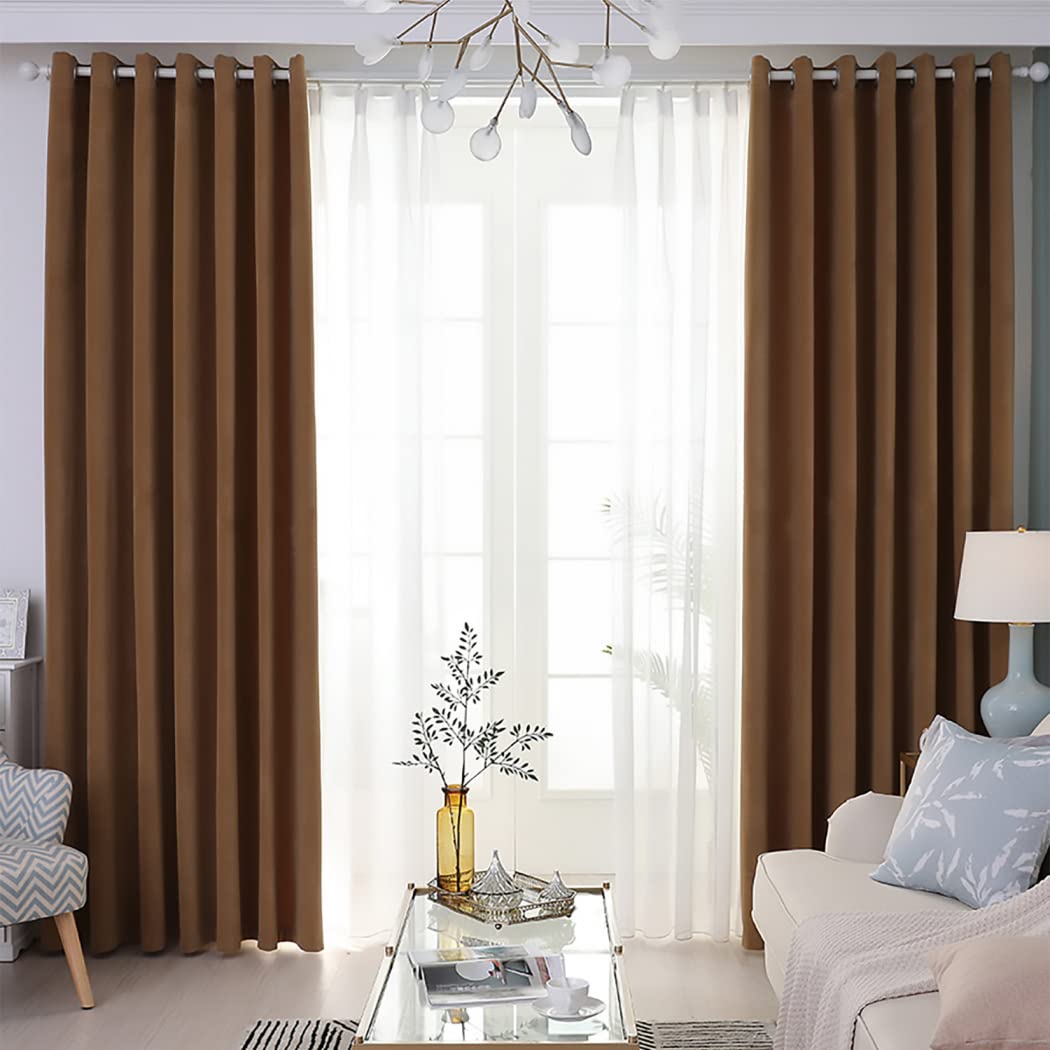 90% Blackout Velvet Curtains for Bedroom & Living Room - Thermal Insulated Energy Saving Window Drapes with Grommet Top, Set of 2 Panels (Brown, 120